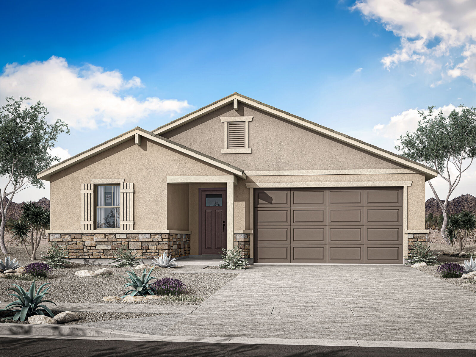  Elevation Front with garage, window, door and exterior stone