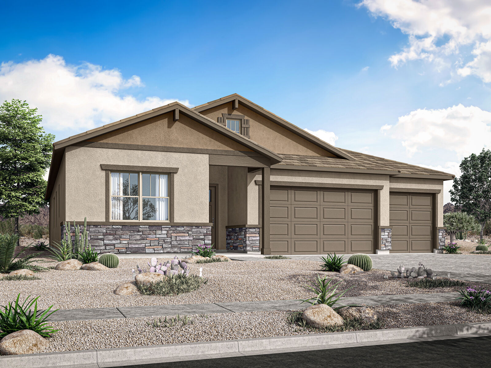  Elevation Front with garage, door, window and exterior stone