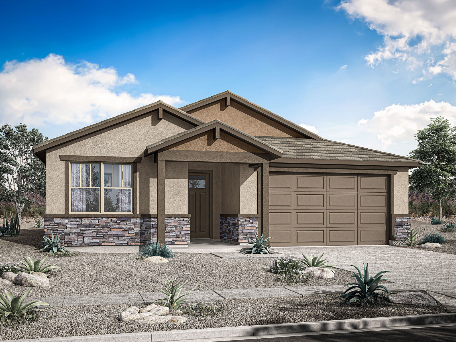  Elevation Front with garage, door, window and exterior stone