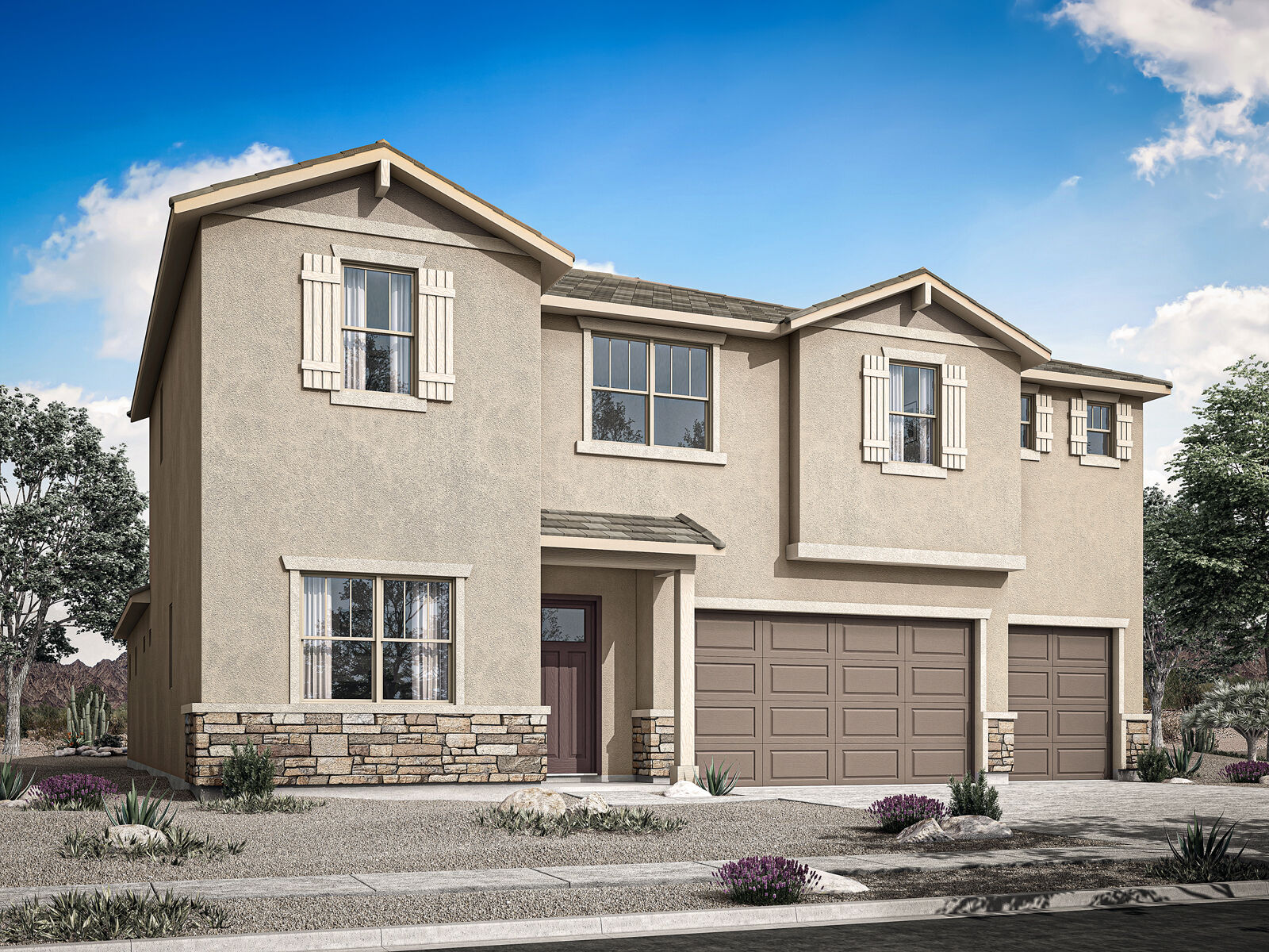  Elevation Front with window, garage, door and exterior stone