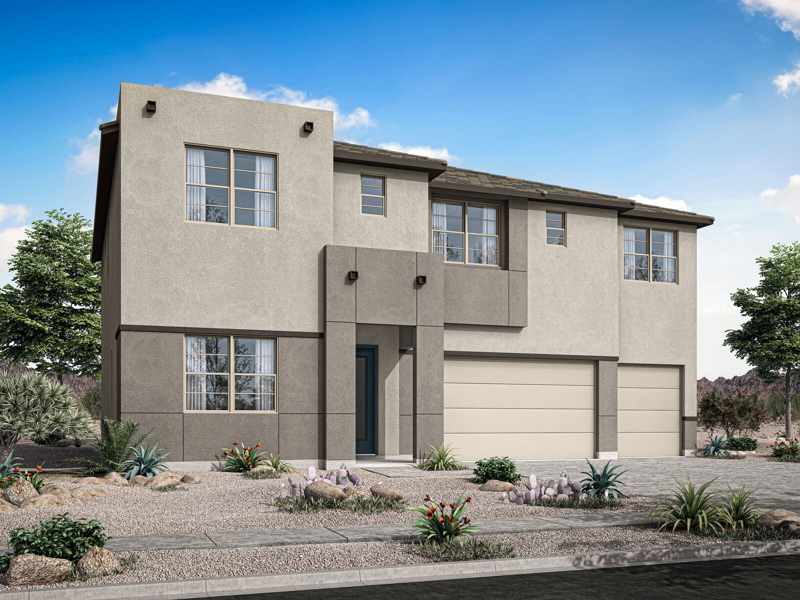 desert modern elevation with garage and windows