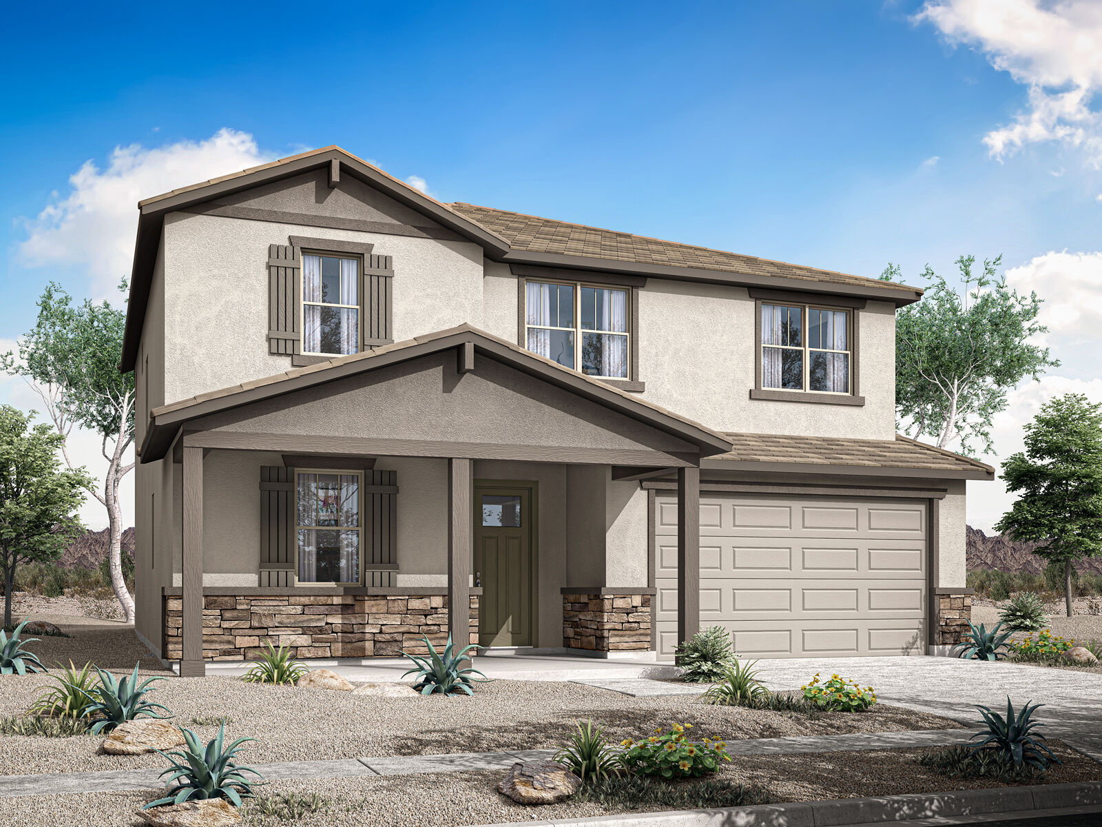  Elevation Back Side with window, garage, door and exterior stone
