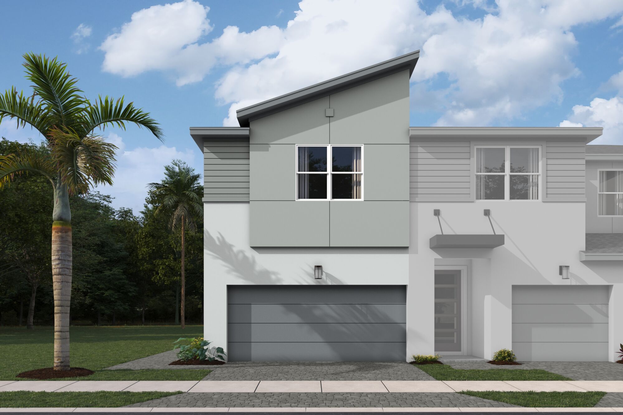 Elevation Front with garage, window, door and exterior clapboard