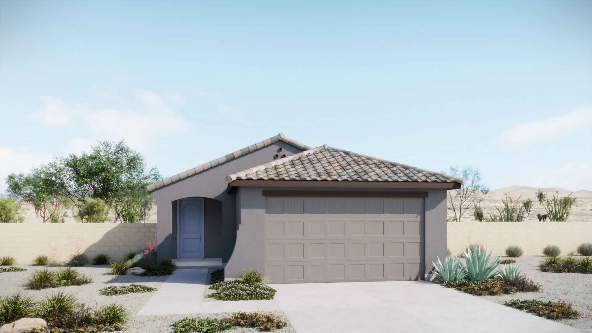 home front rendering with front door, garage, wall & plants