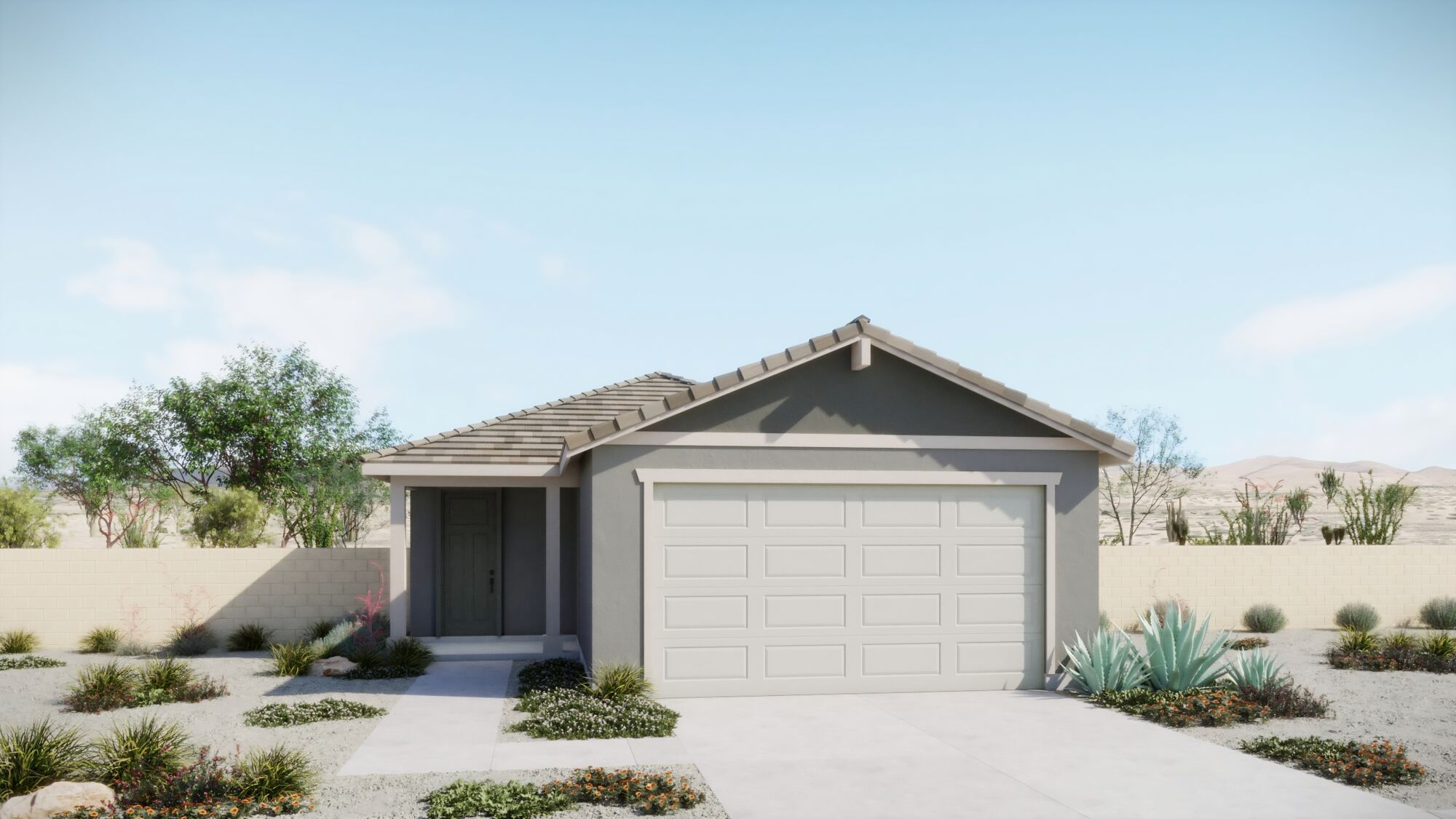 home front rendering with front door, garage, wall & plants