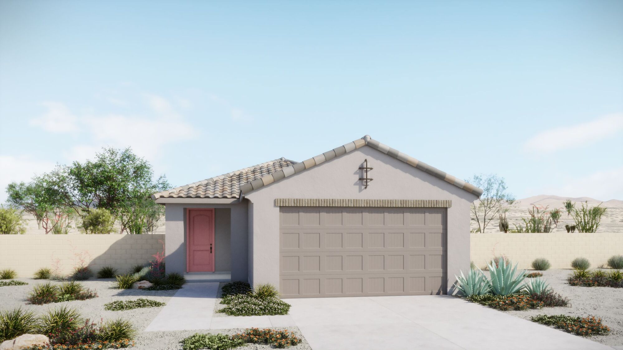 home front rendering with front door, garage, wall & plants