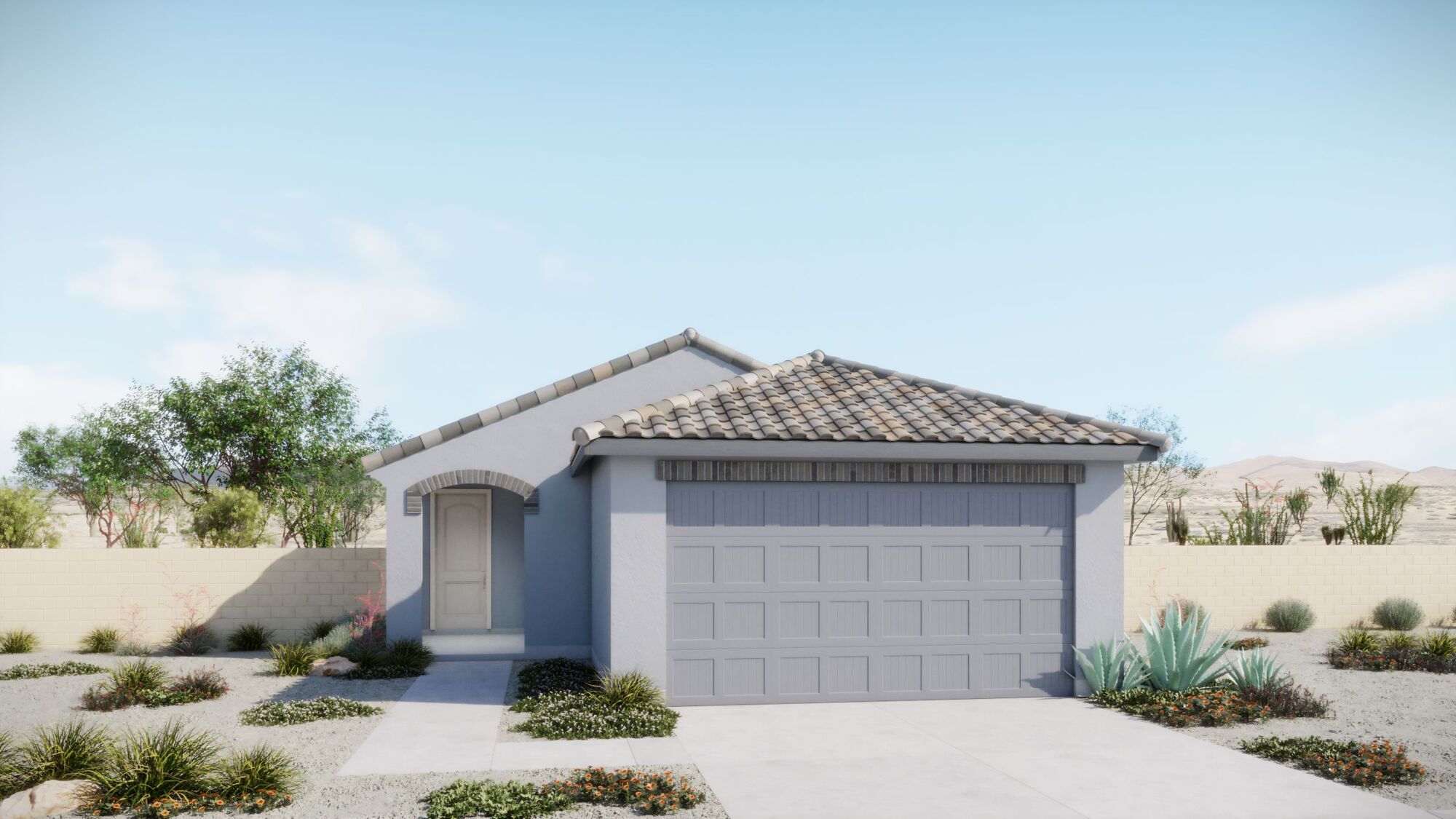home front rendering with front door, garage, wall & plants