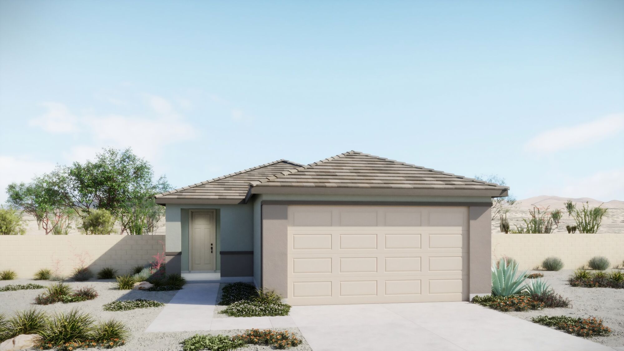 home front rendering with front door, garage, wall & plants