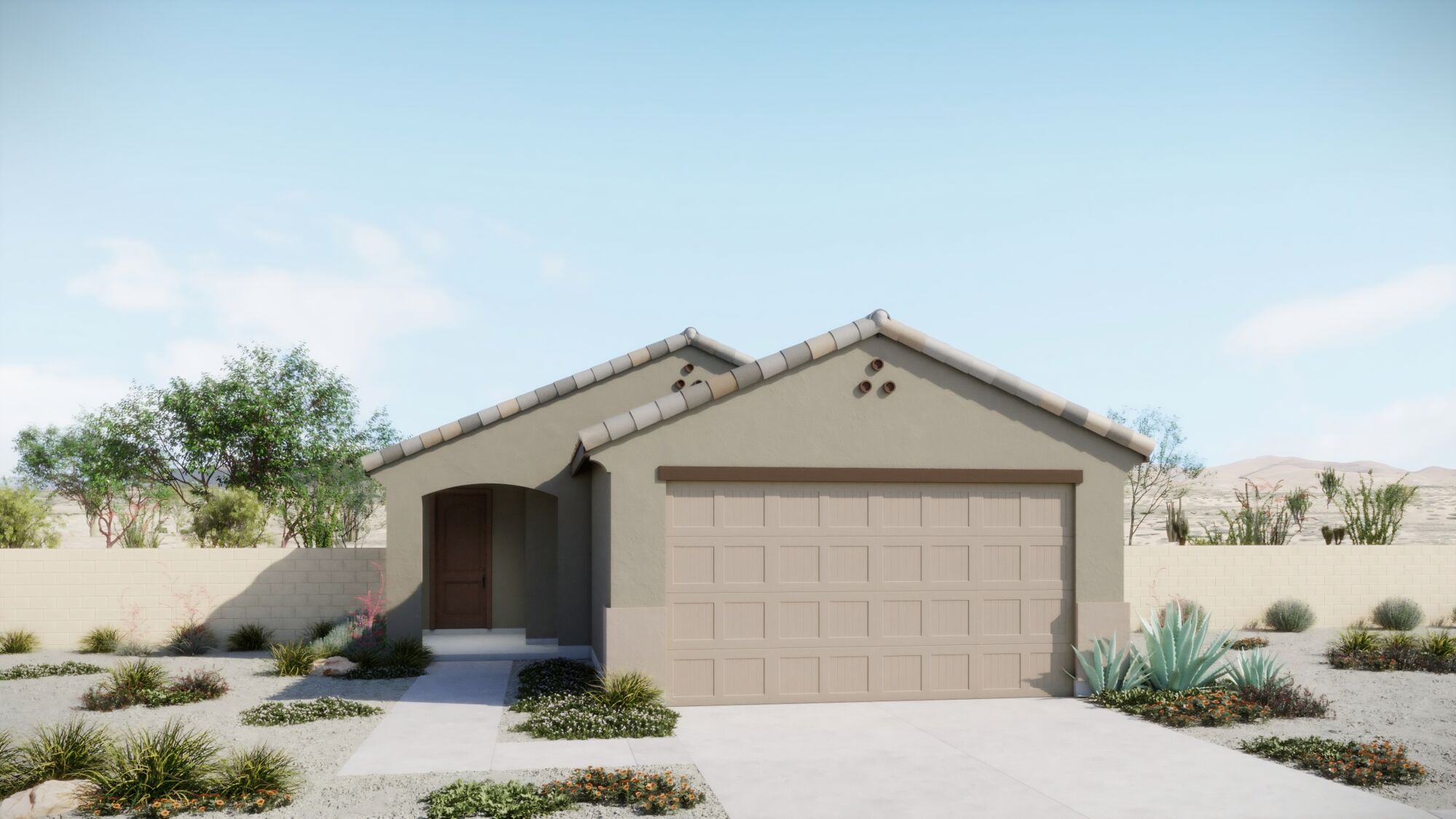 home front rendering with front door, garage, wall & plants