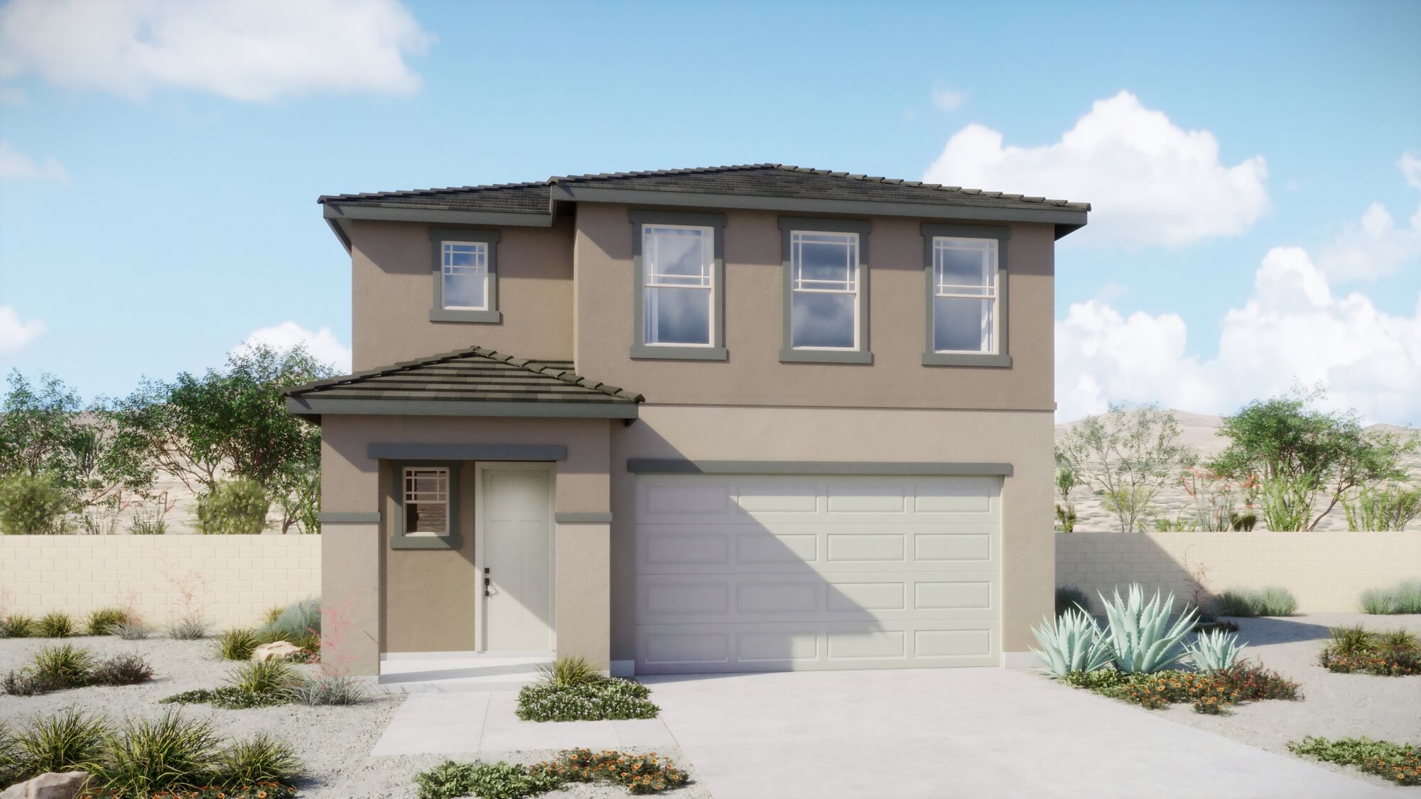 Front home rendering of 2-story with windows, garage door, front door, wall & plants