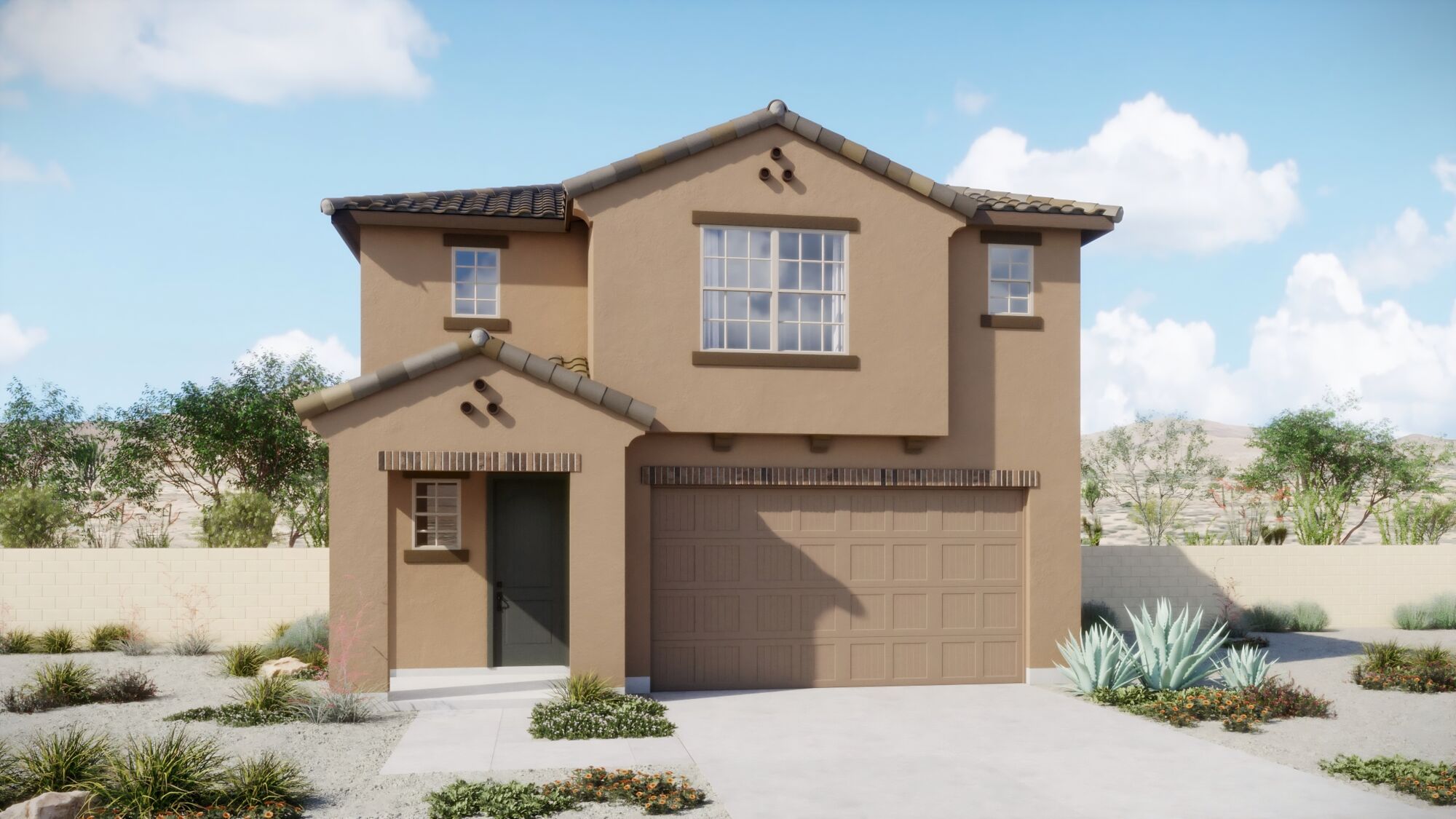 Front home rendering of 2-story with windows, garage door, front door, wall & plants