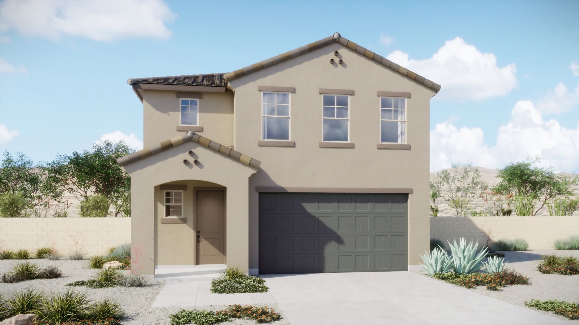 Front home rendering of 2-story with windows, garage door, front door, wall & plants