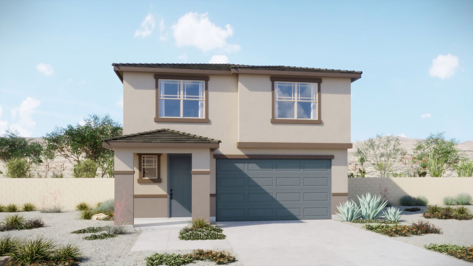 2-story front elevation rendering with windows, garage door, front door, driveway, wall & plants