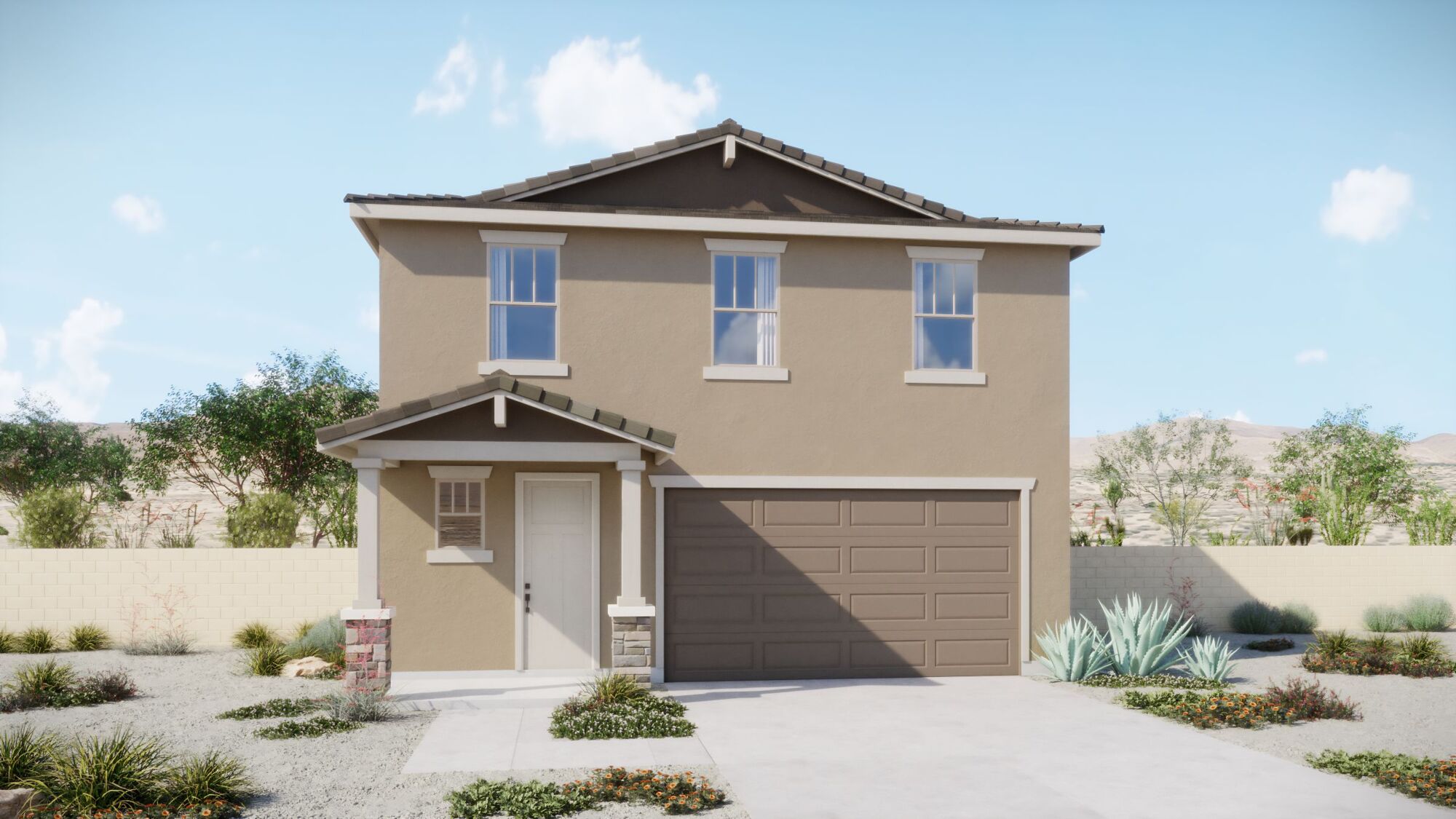 2-story front elevation rendering with windows, garage door, front door, driveway, wall & plants