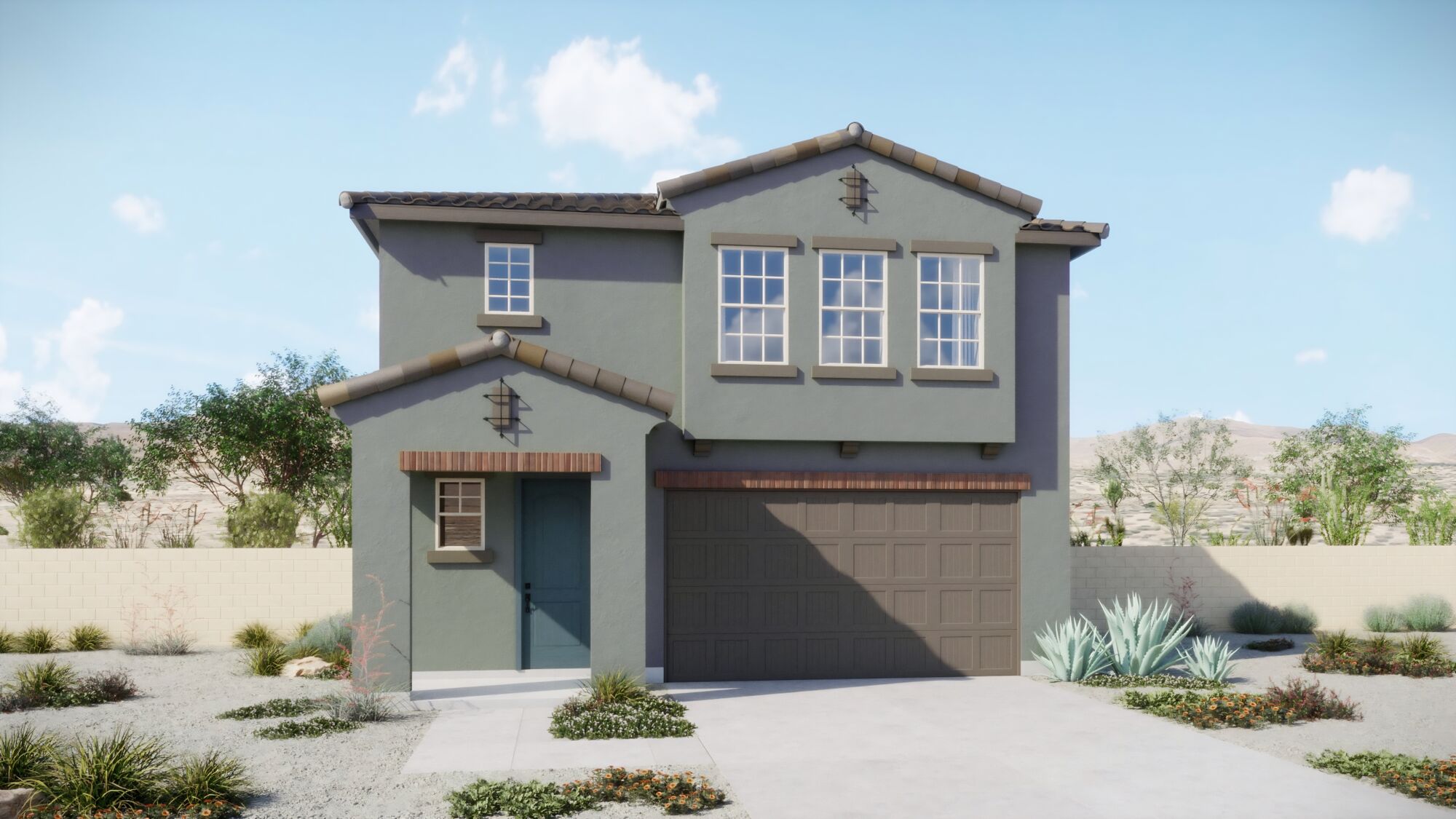 2-story front elevation rendering with windows, garage door, front door, driveway, wall & plants
