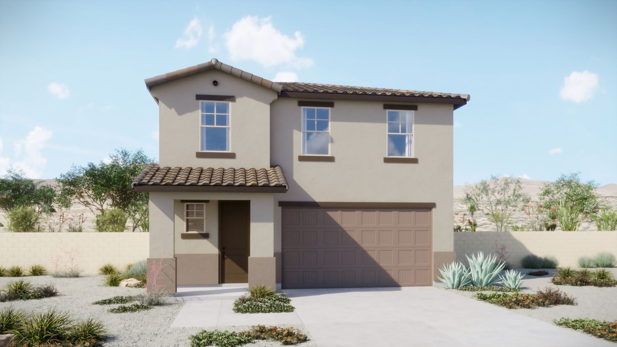 2-story front elevation rendering with windows, garage door, front door, driveway, wall & plants
