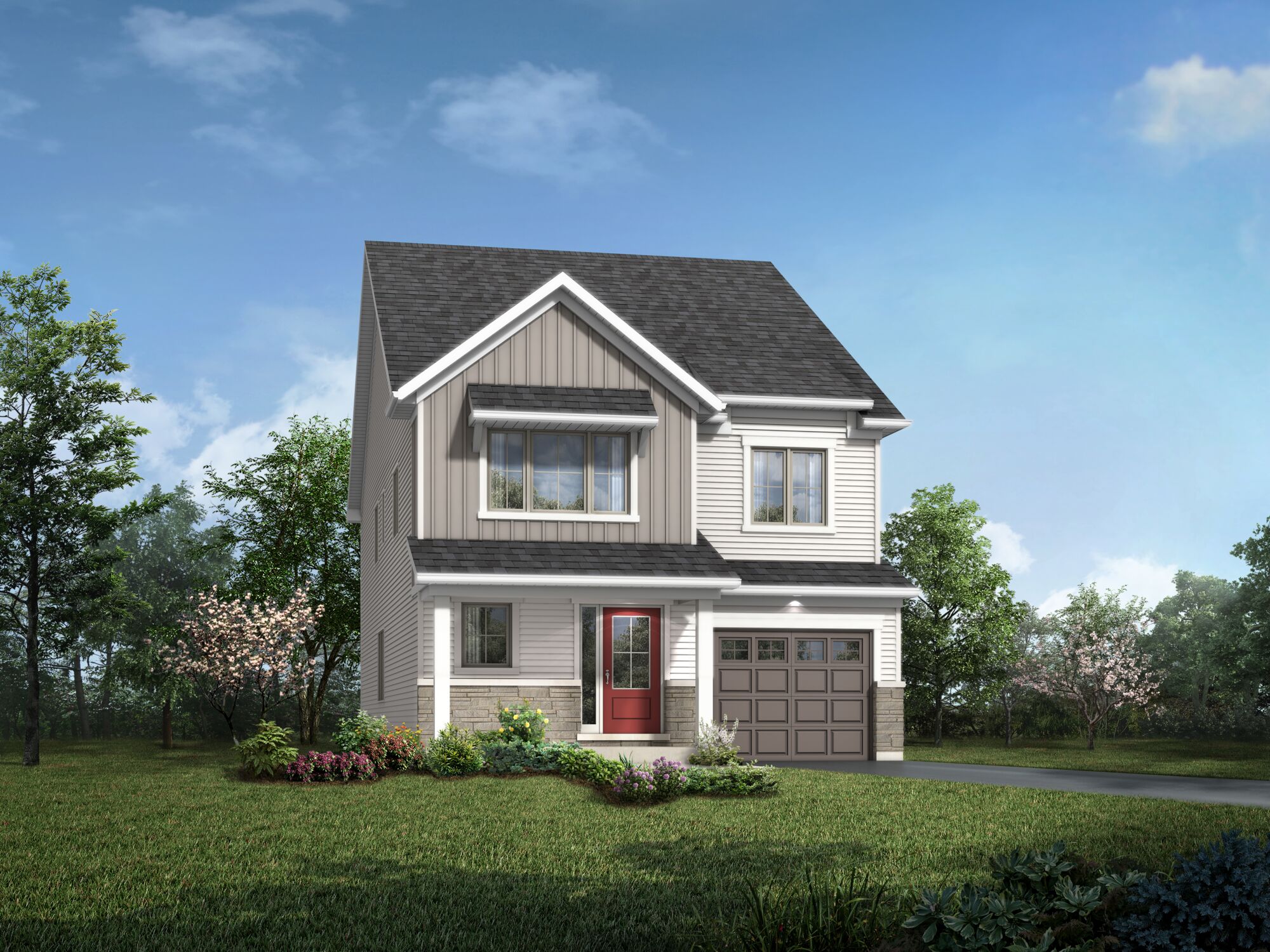 Elevation Front with garage, door, window and exterior clapboard