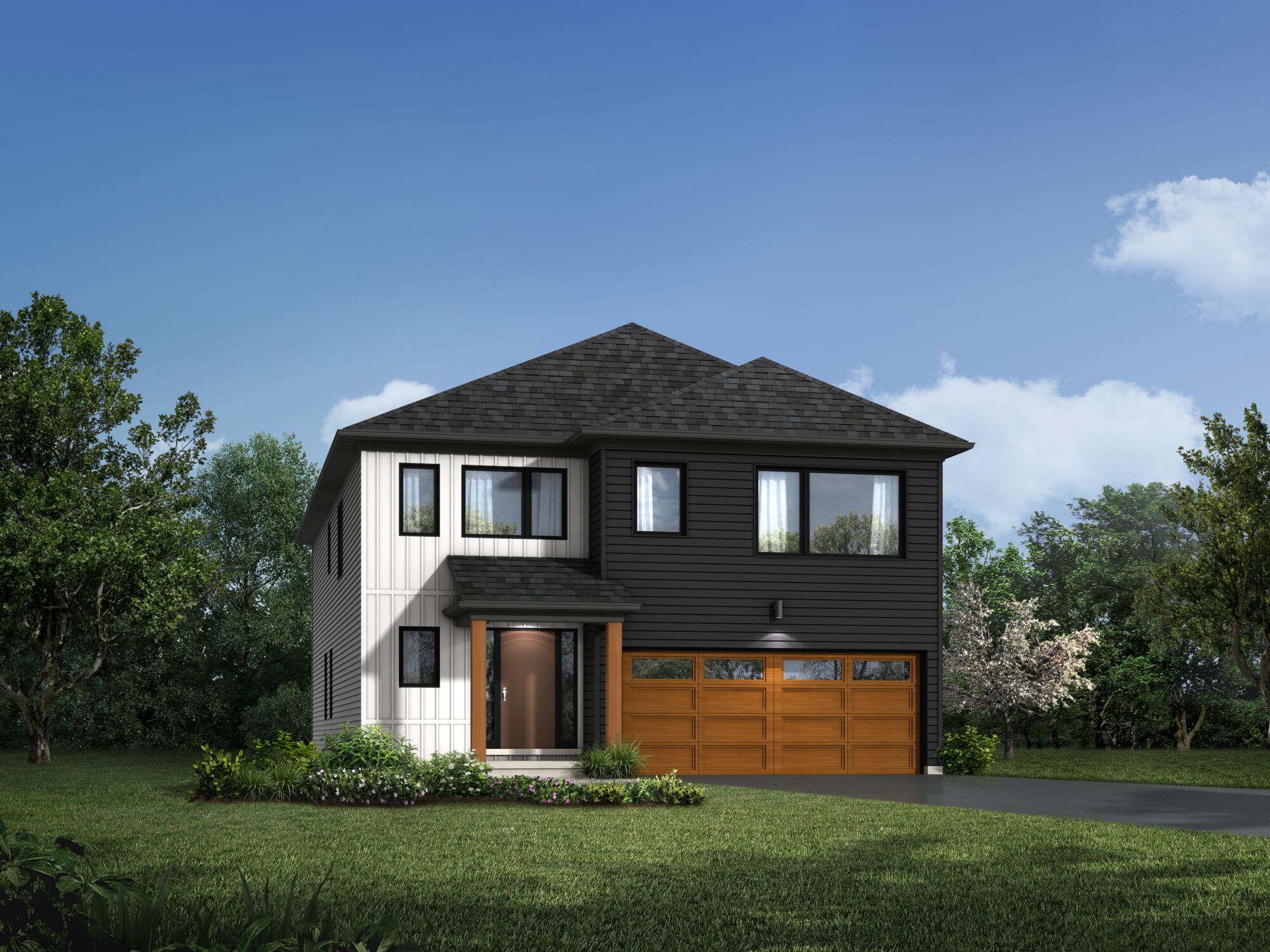 Elevation Front with garage, window, door and exterior clapboard