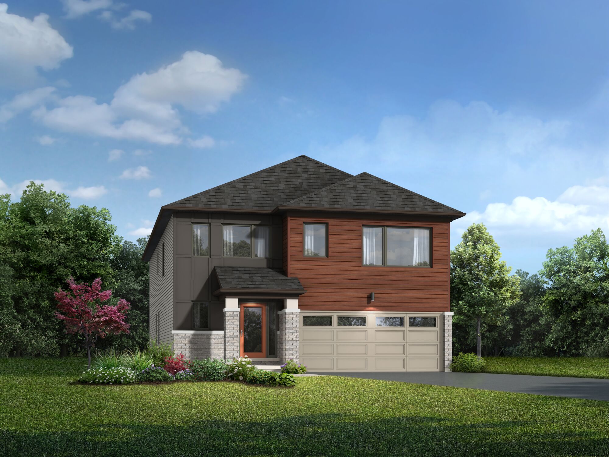  Elevation Front with garage, window, exterior clapboard, exterior stone and door