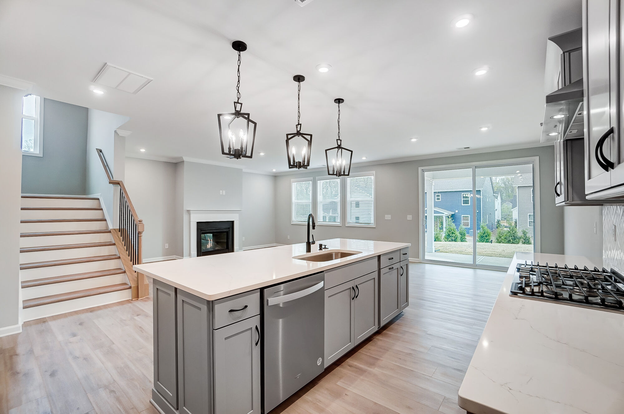 Kitchen with great room beyond