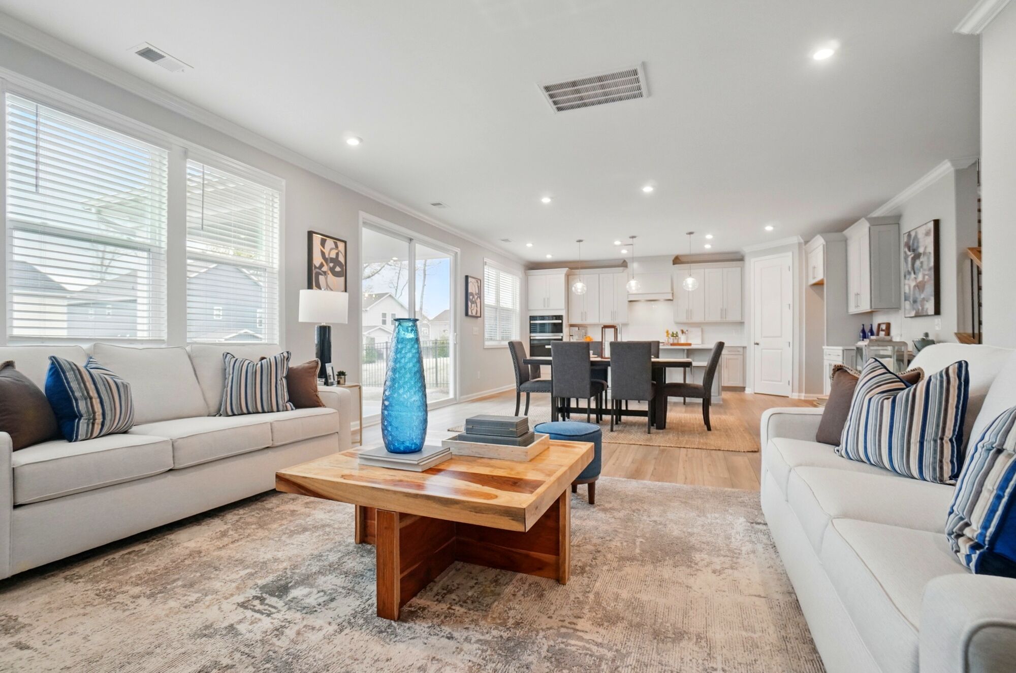 Great room with dining area beyond
