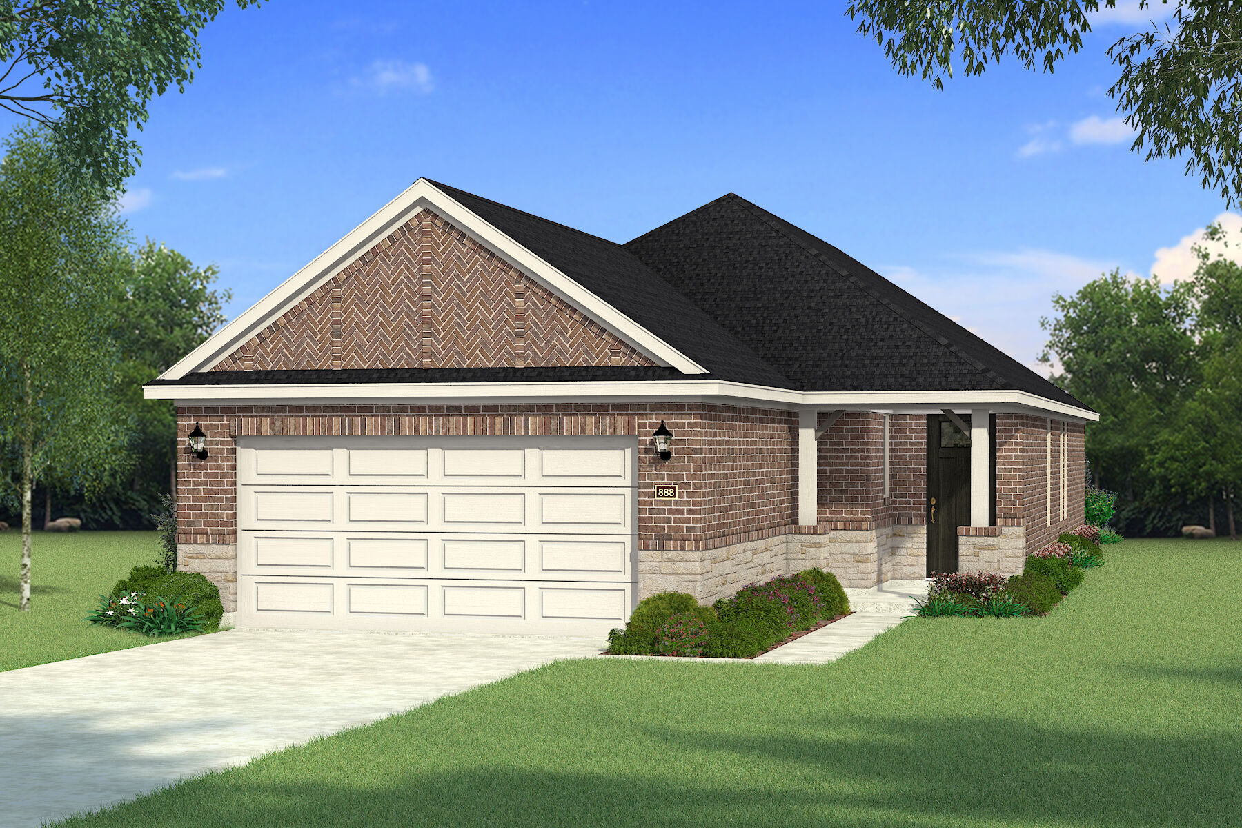 Elevation Front with garage, door and exterior brick