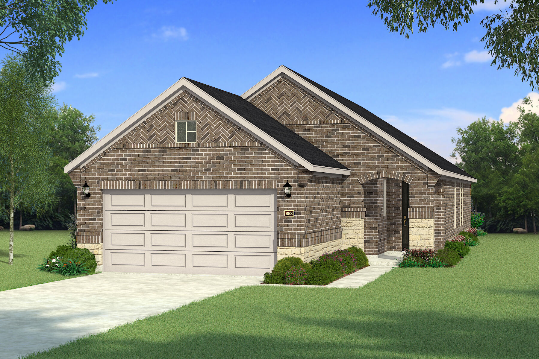 Elevation Front with garage, window and exterior brick