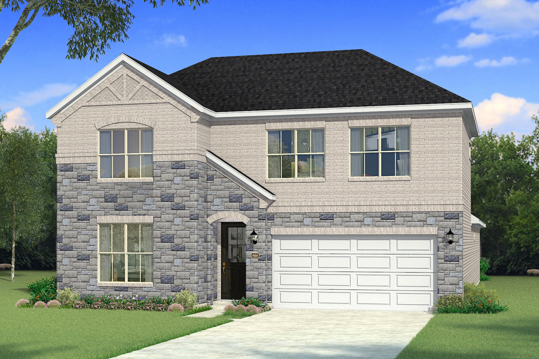 Elevation Front with garage, window, exterior stone and door