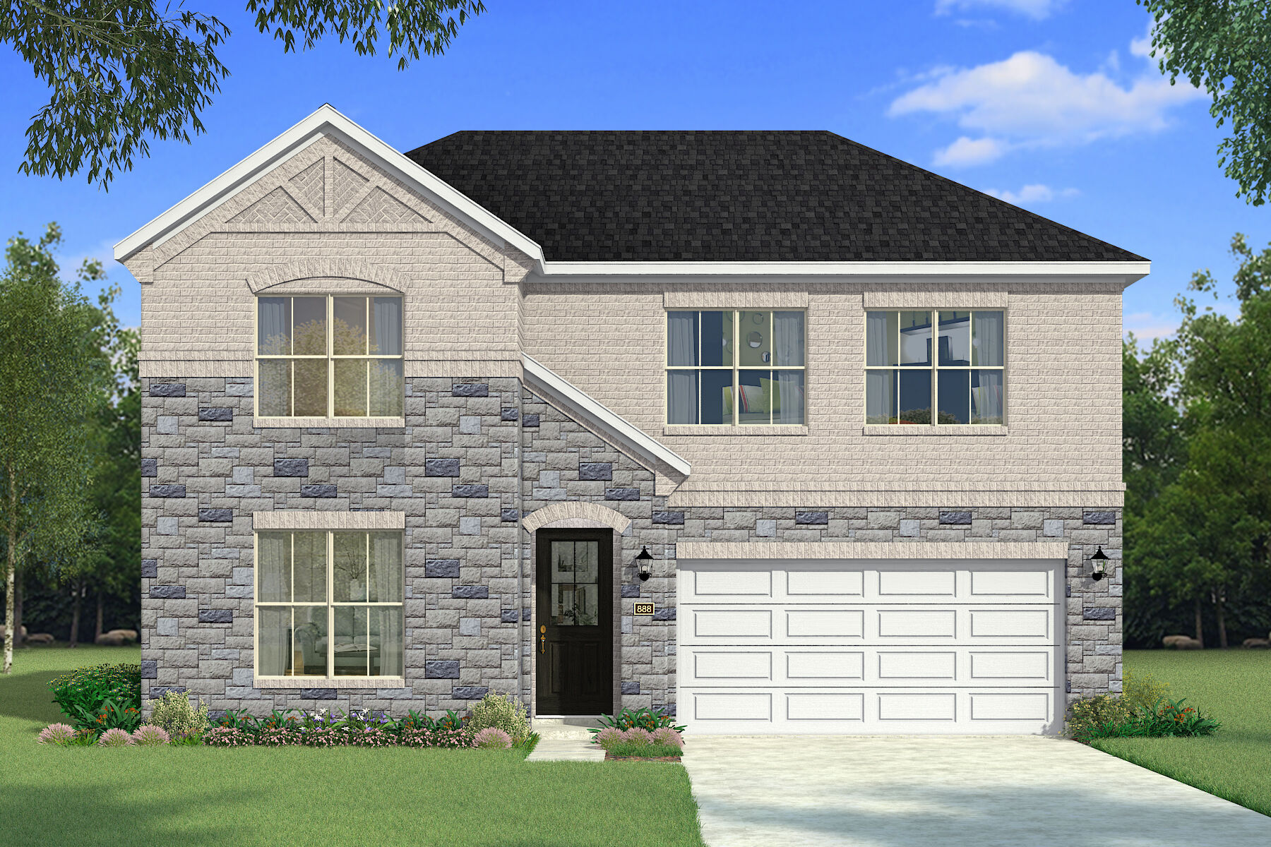  Elevation Front with garage, door, window, exterior stone and exterior brick