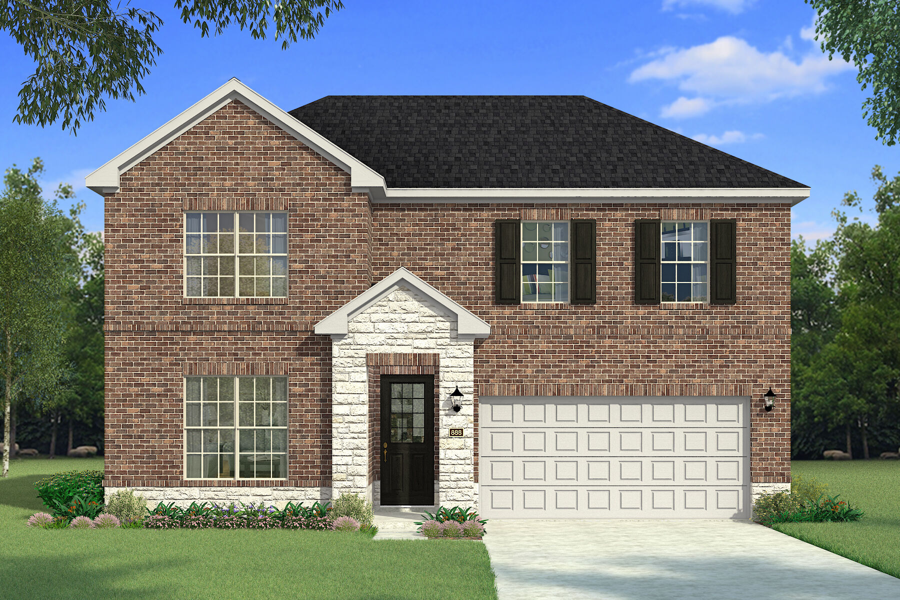  Elevation Front with window, garage, door, exterior brick and exterior stone