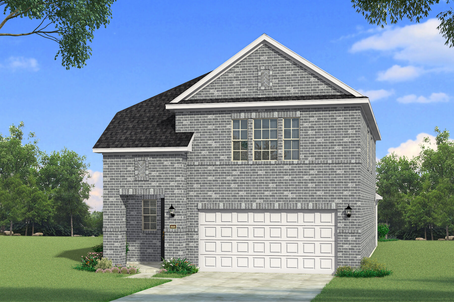 Elevation Front with garage, window and exterior brick