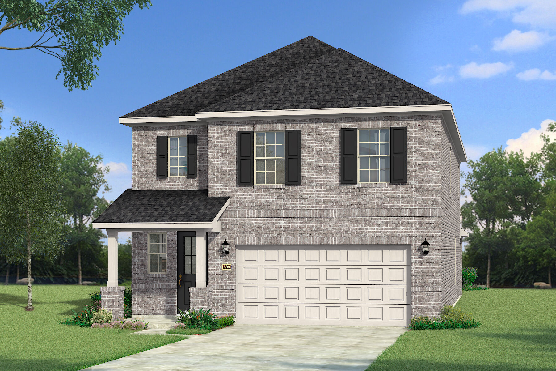 Elevation Front with window, garage, exterior brick, exterior clapboard and exterior stone