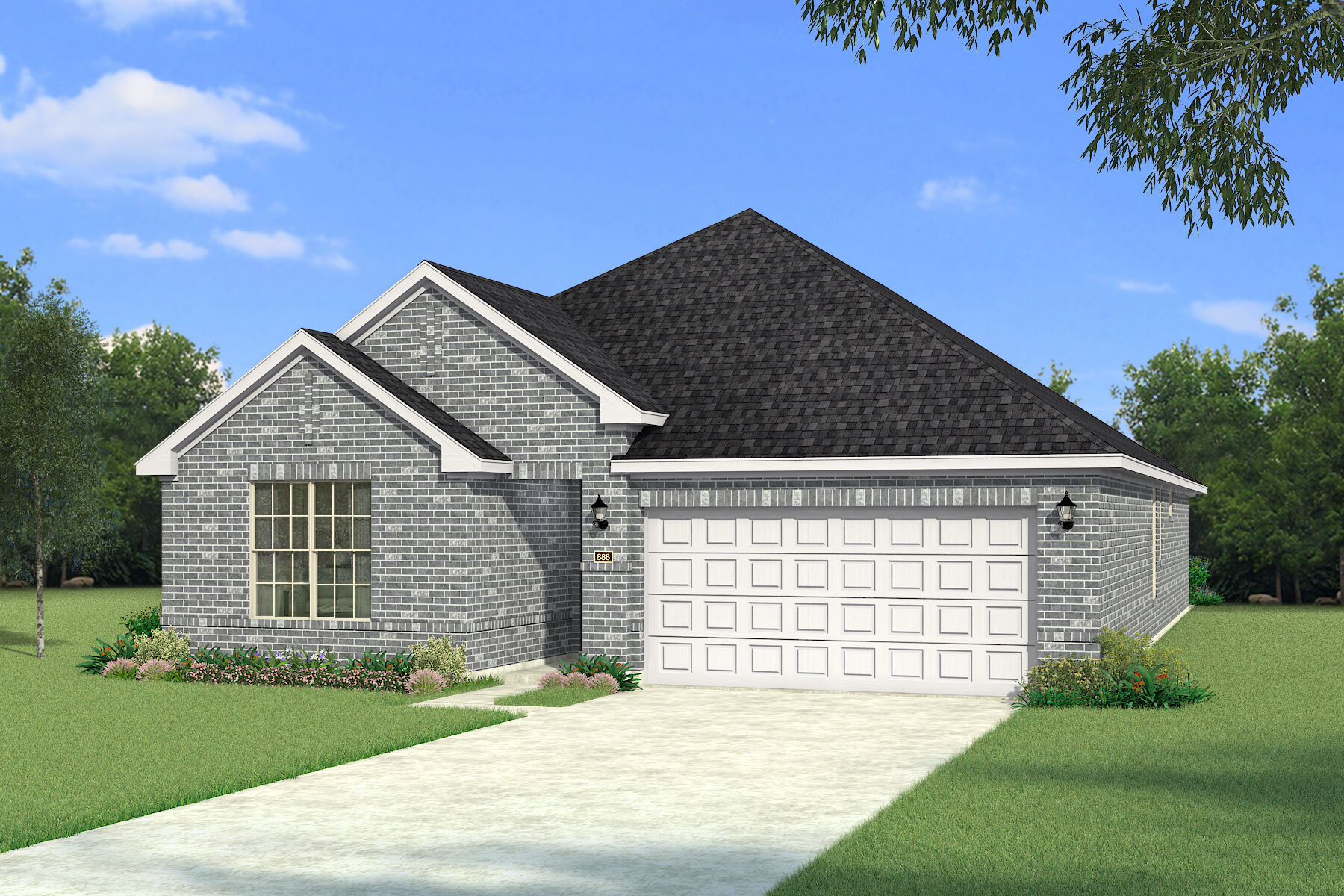 Elevation Front with garage, window and exterior brick