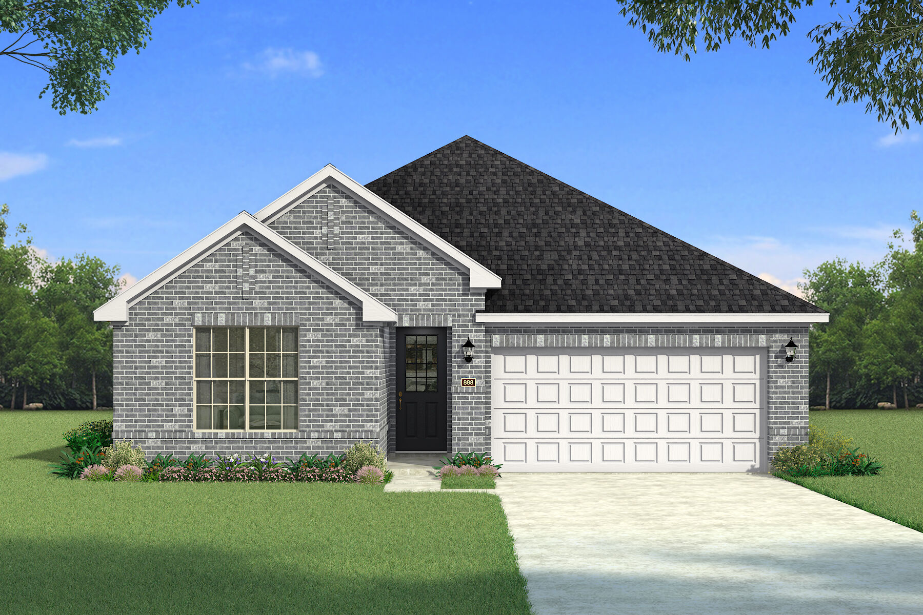  Elevation Front with garage, window, door and exterior brick