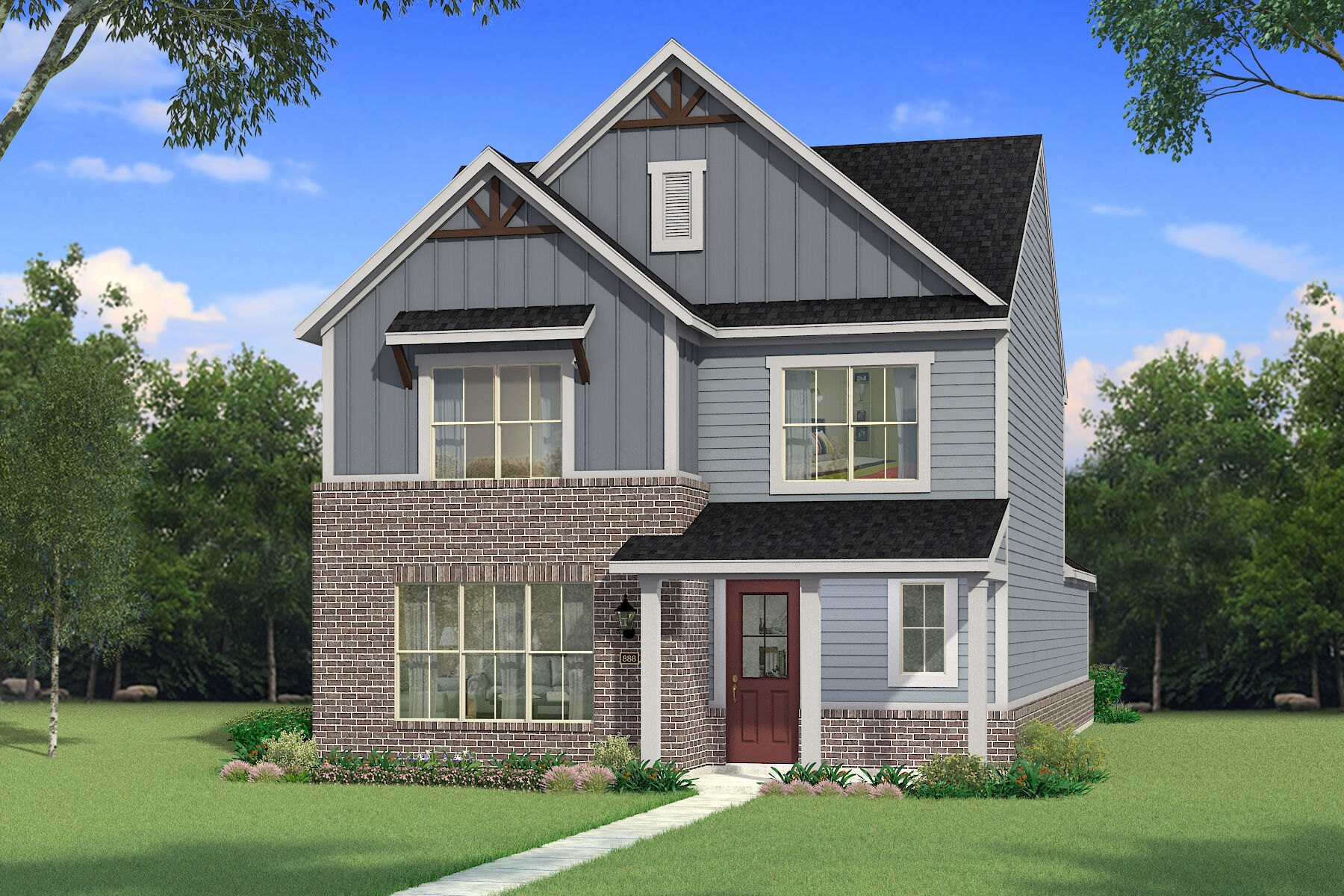 Elevation Front with window, door, exterior brick and exterior clapboard