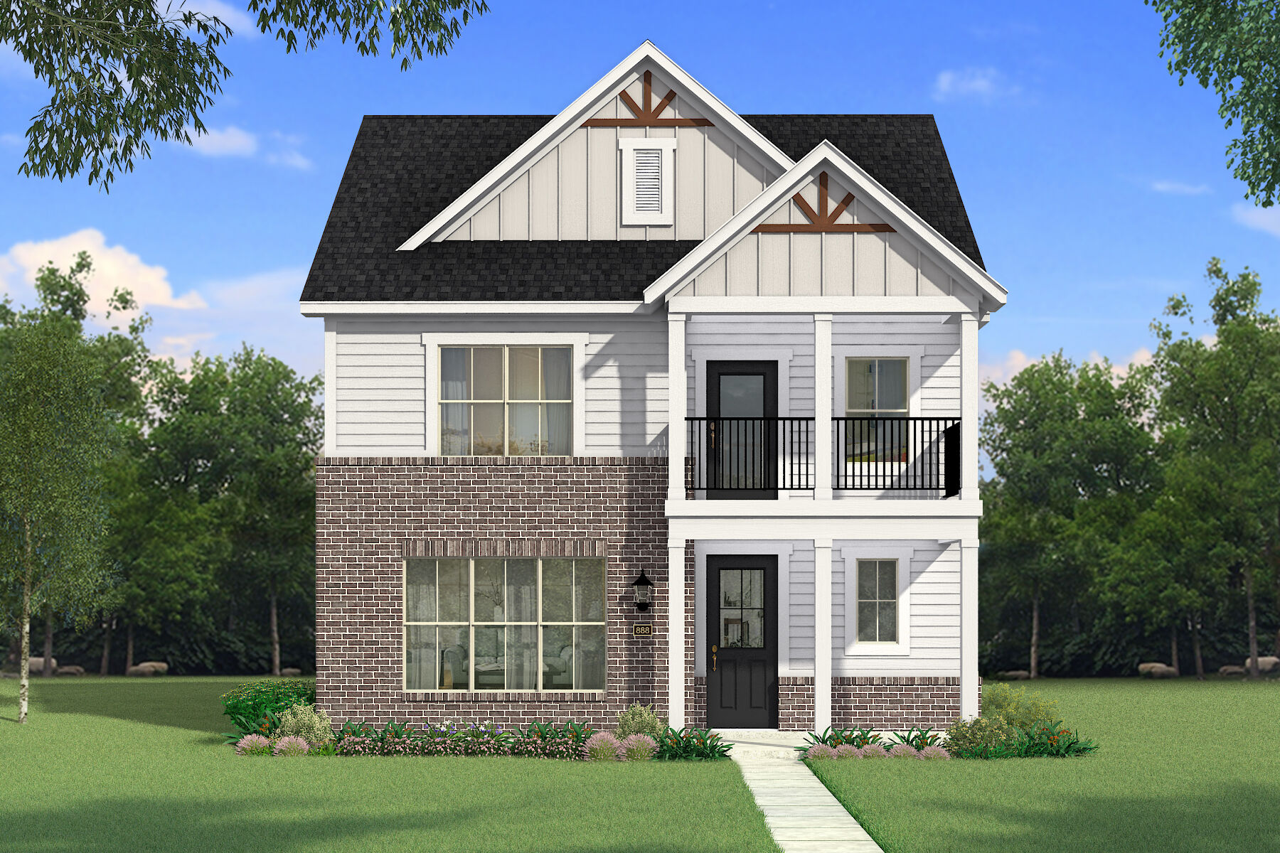  Elevation Front with door, window, exterior brick and exterior clapboard