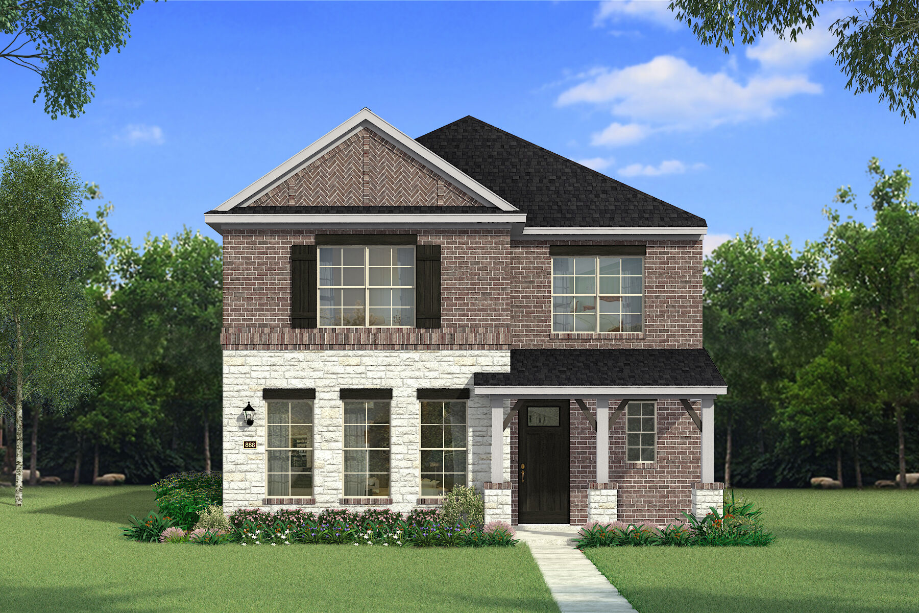 Elevation Front with window, door and exterior brick
