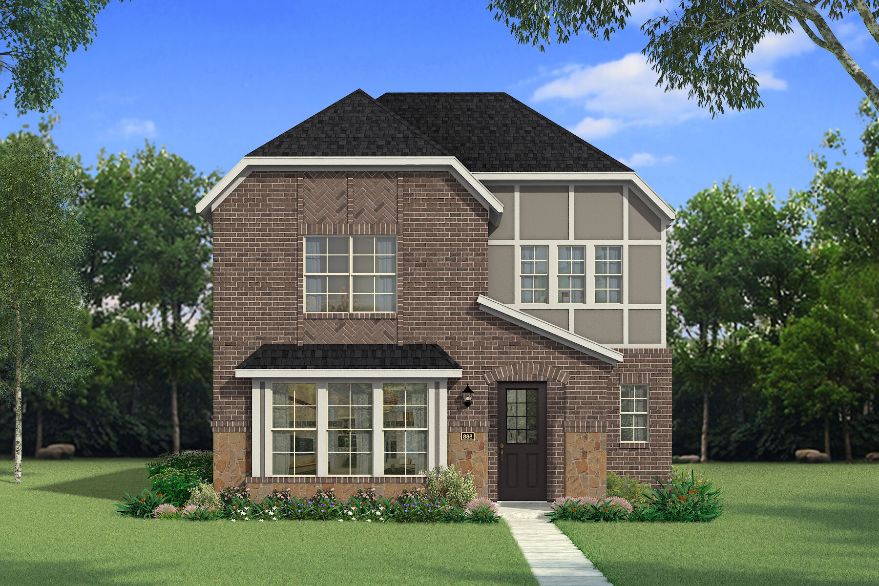  Elevation Front with window, door and exterior brick