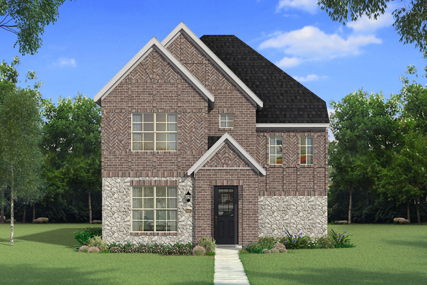 Elevation Front with window, door, exterior stone and exterior brick