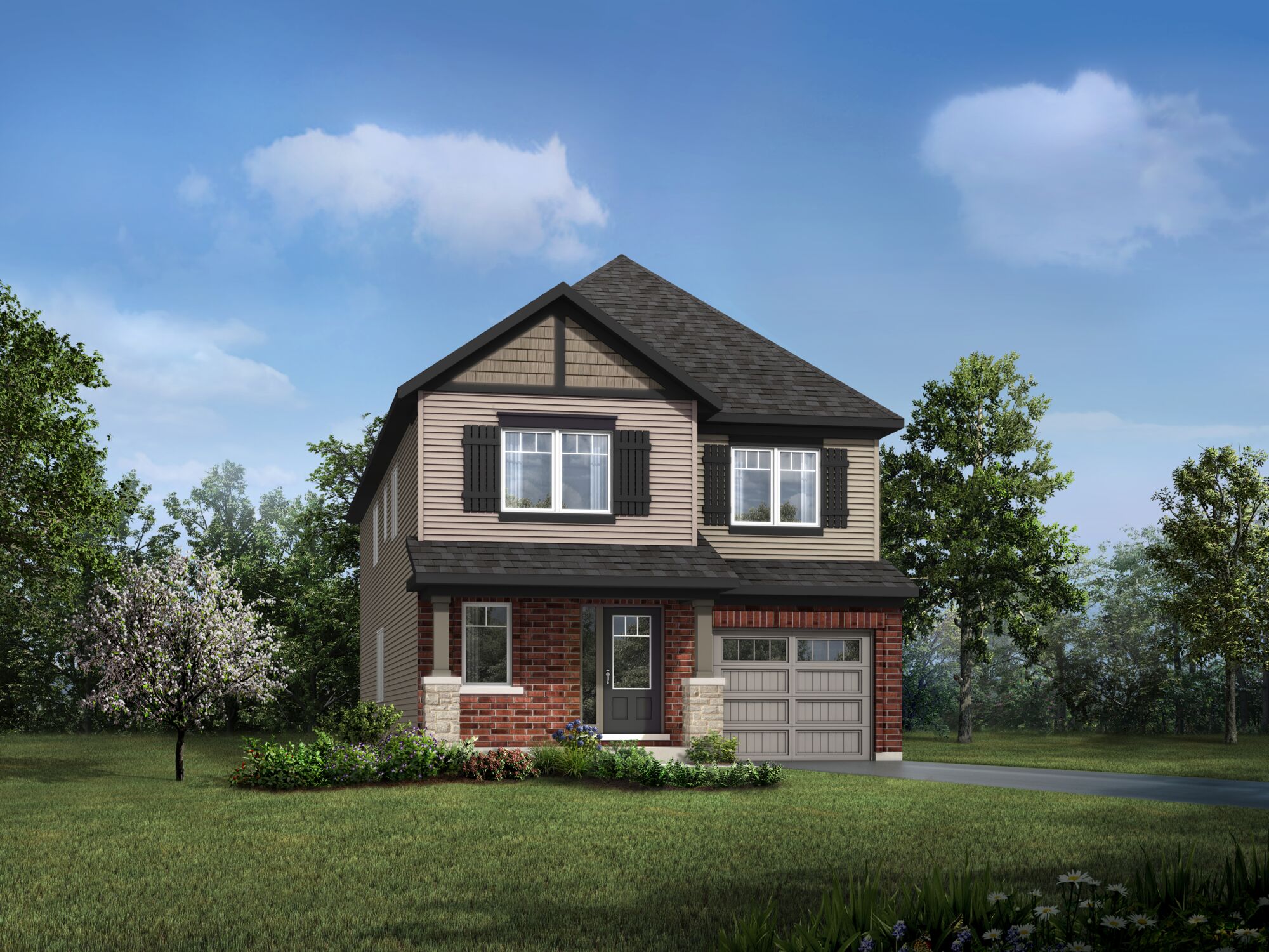 Elevation Front with window, garage, door and exterior clapboard