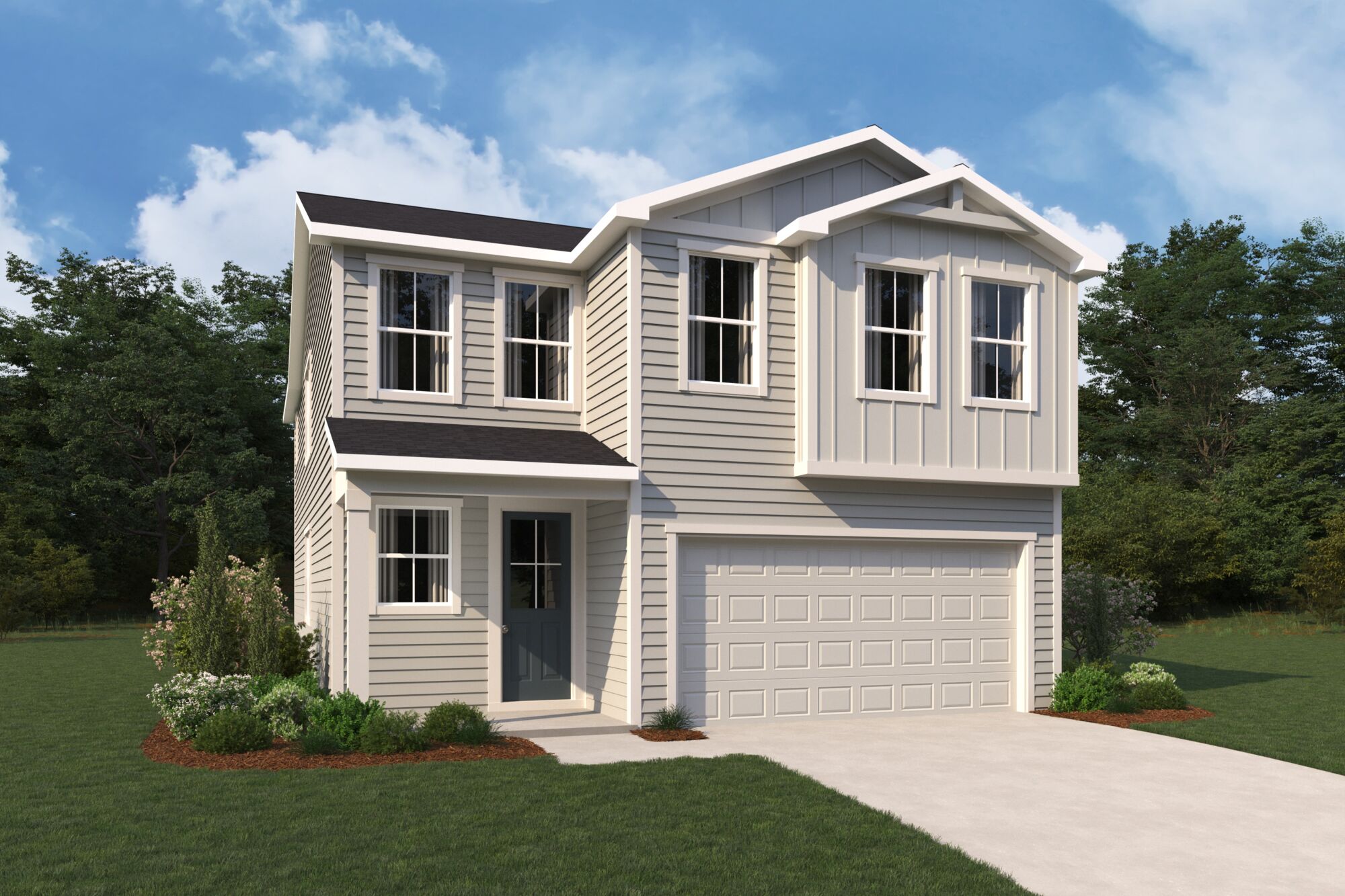  Elevation Front with garage, window, door and exterior clapboard