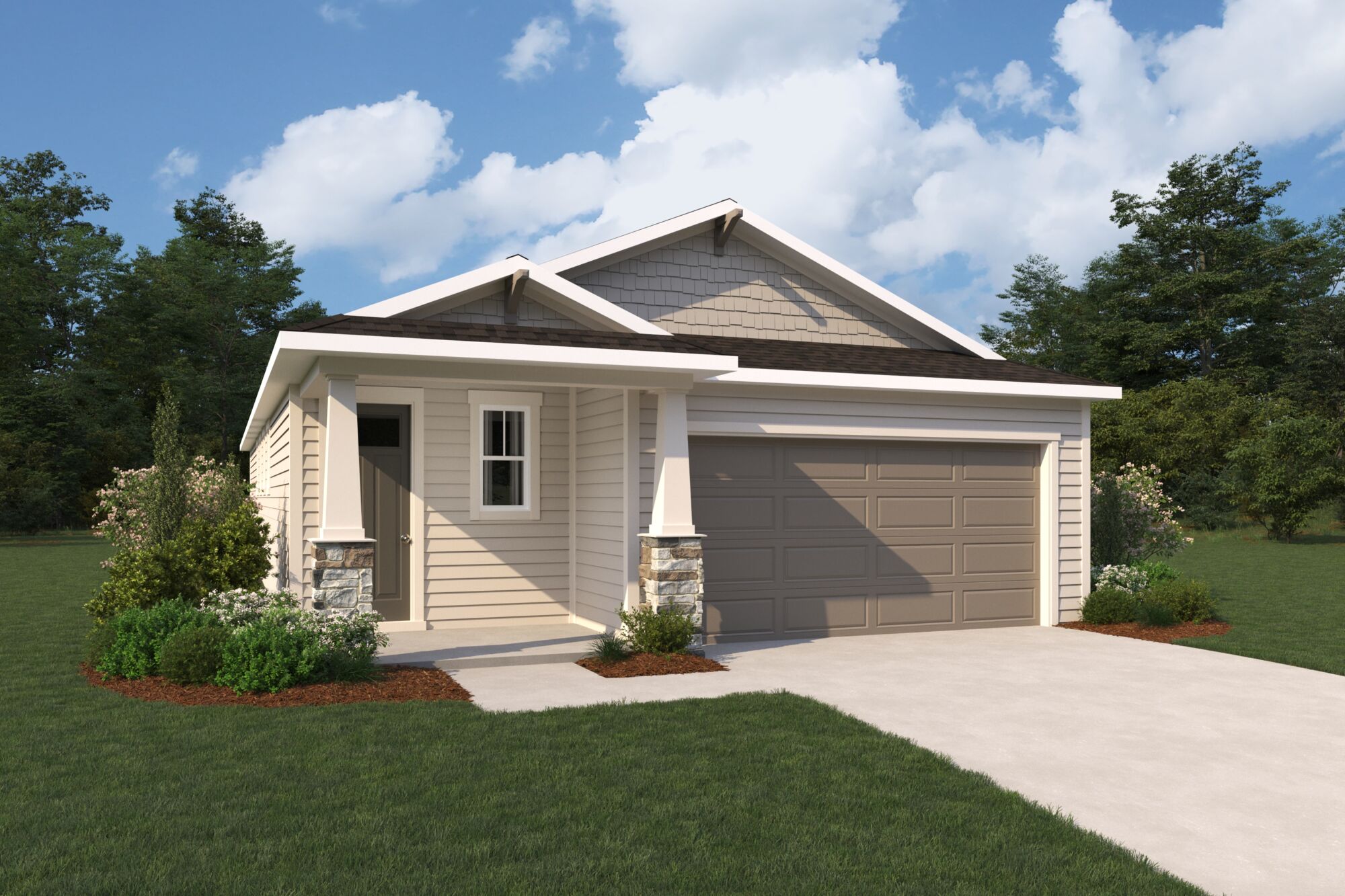  Elevation Front with garage, door, window and exterior stone