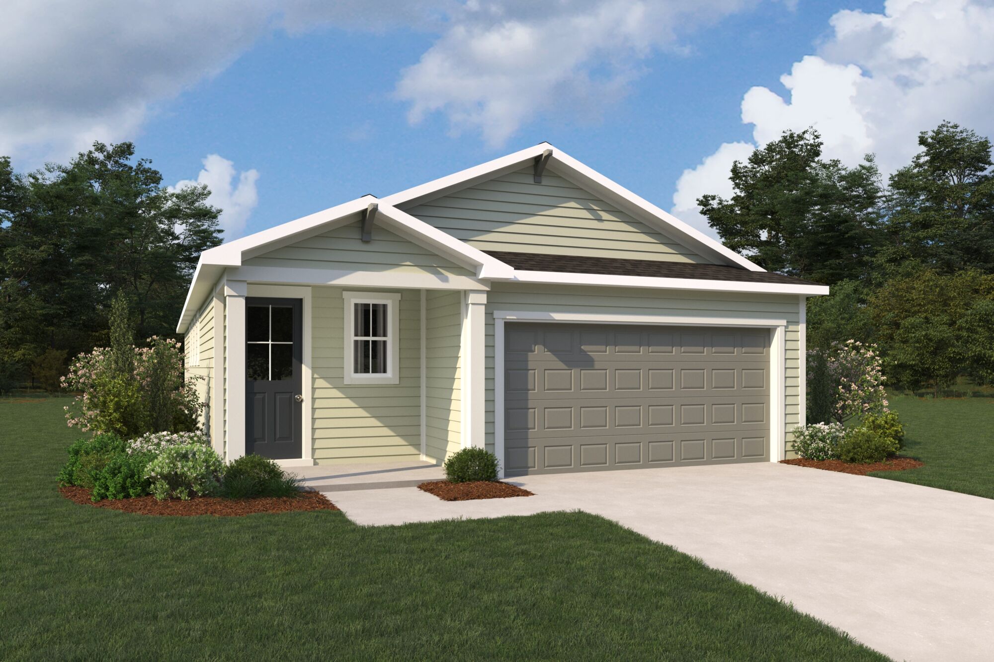  Elevation Front with garage, door, window and exterior clapboard
