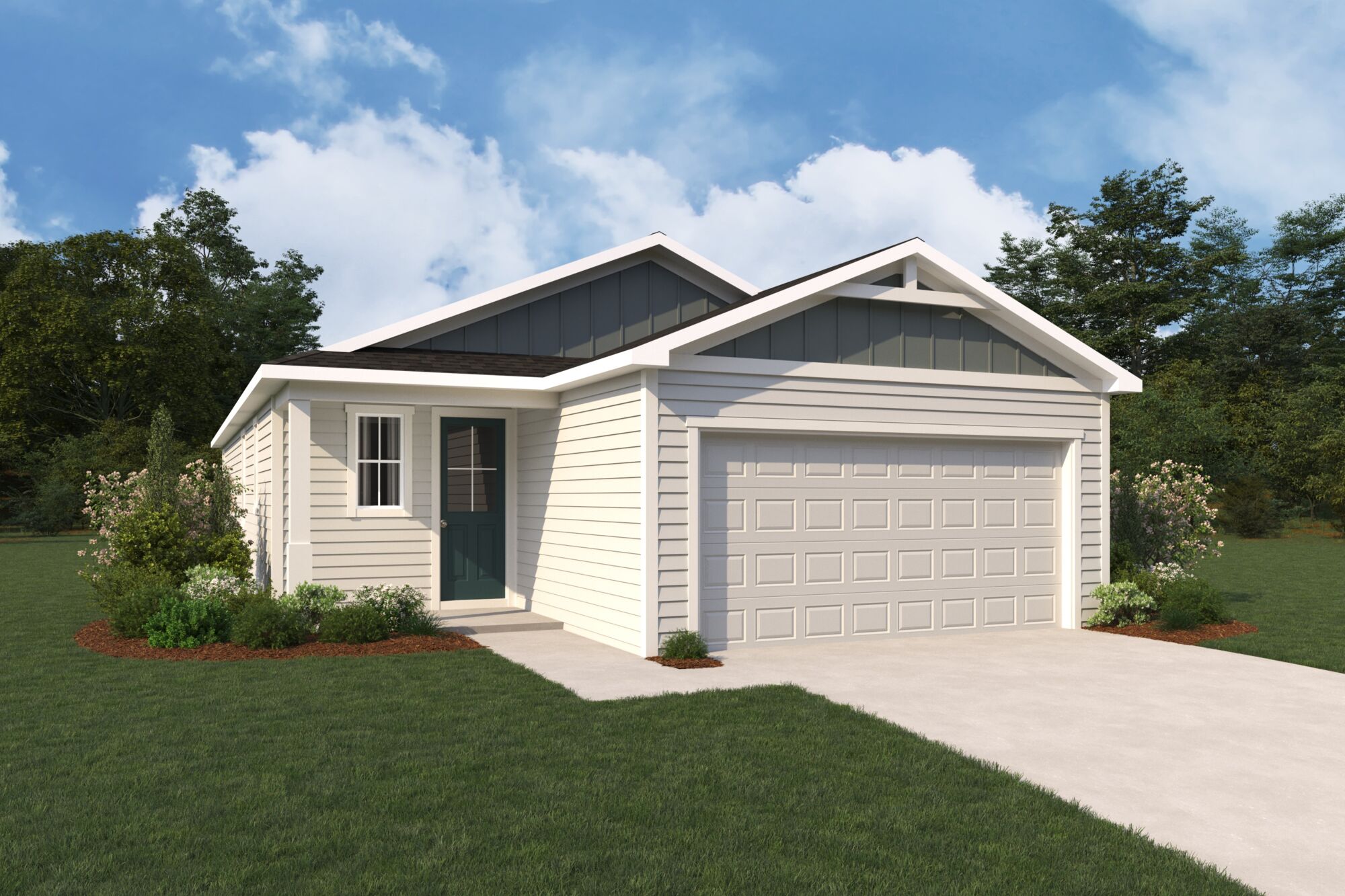  Elevation Front with garage, door, window and exterior clapboard