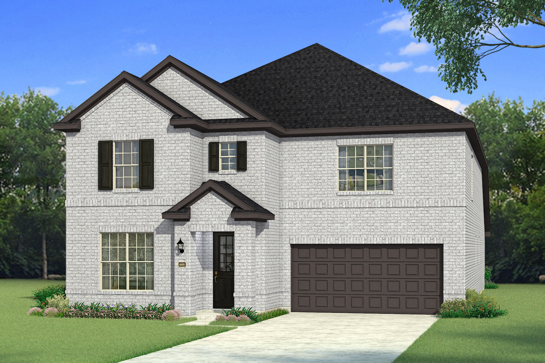 Elevation Front with window, garage, door and exterior brick