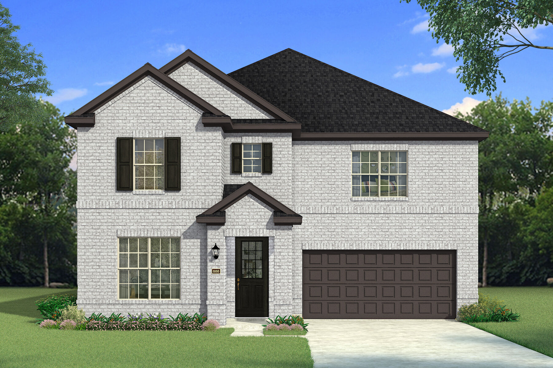  Elevation Front with window, garage, door and exterior brick