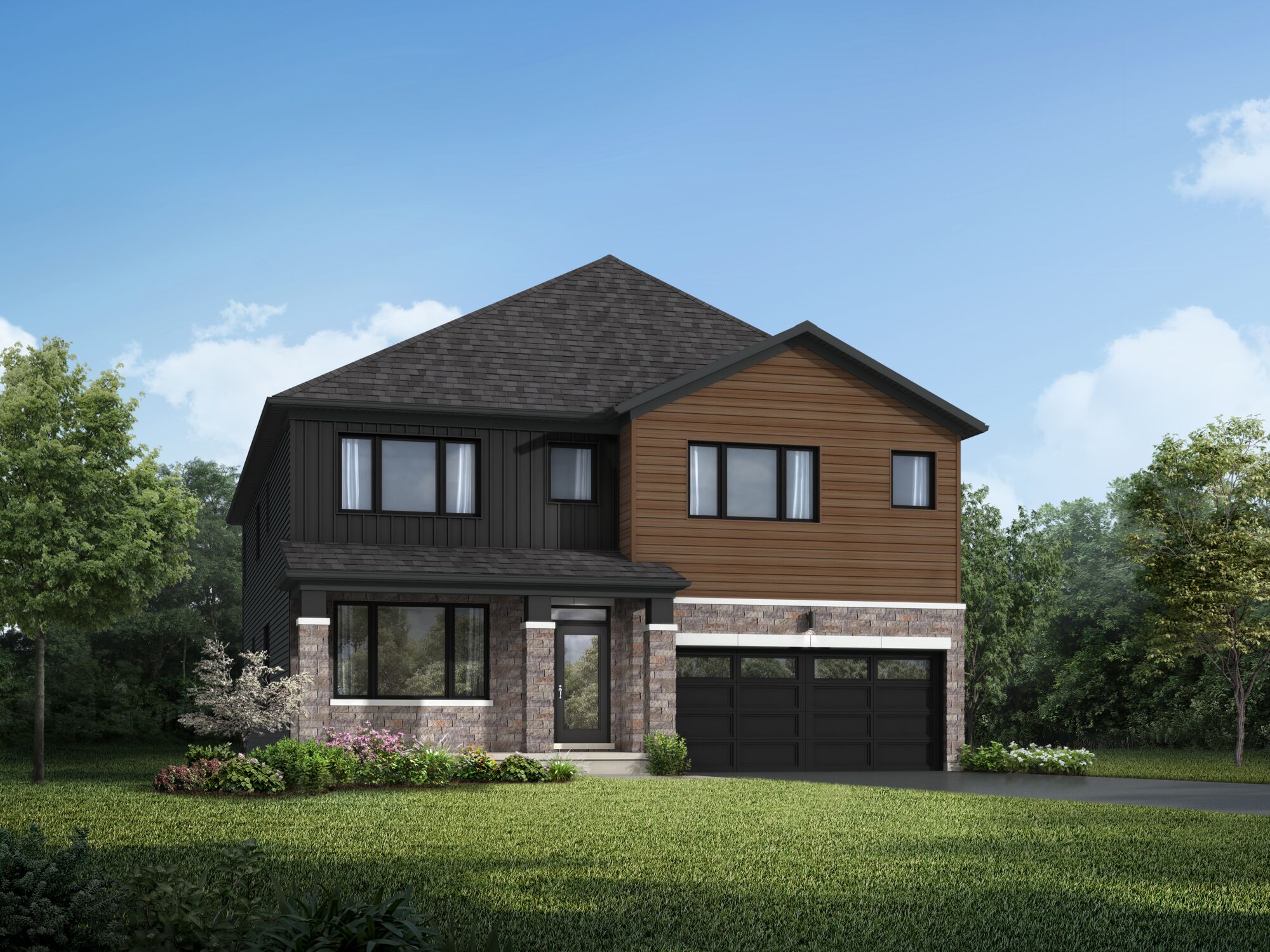 Elevation Front with garage, window, door and exterior clapboard