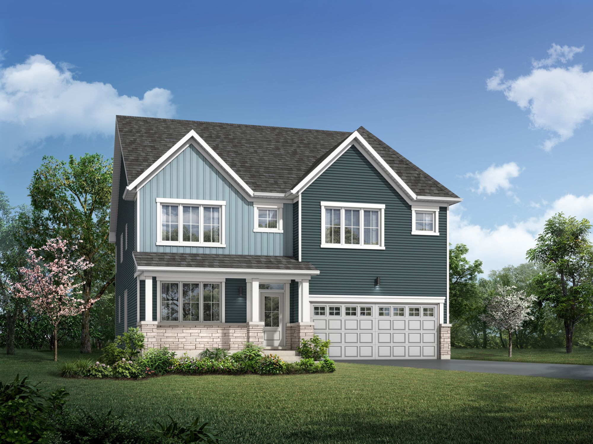  Elevation Front with garage, window, door and exterior clapboard