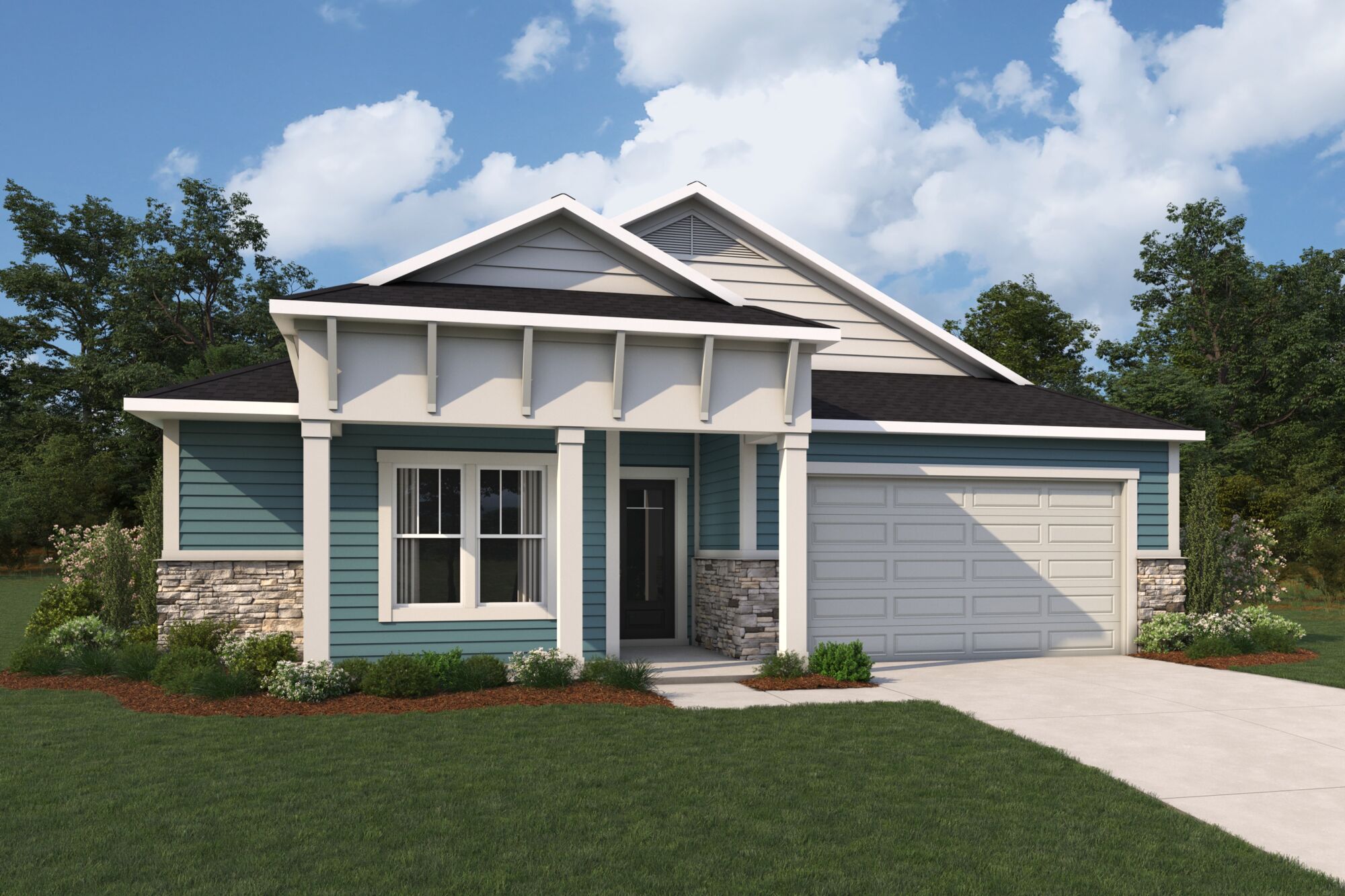  Elevation Front with garage, door, window, exterior stone and exterior clapboard