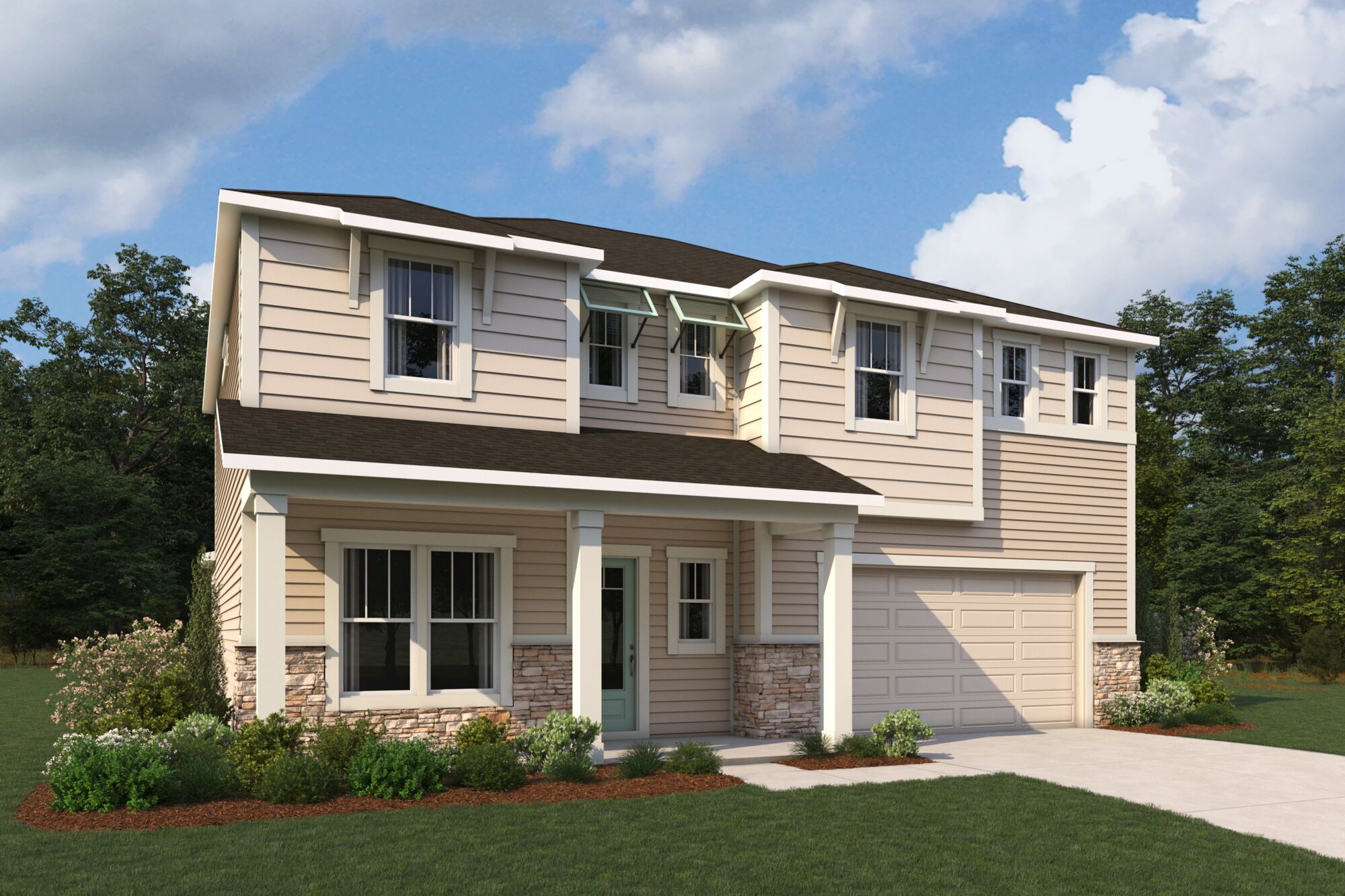 Elevation Front with window, garage, door and exterior stone